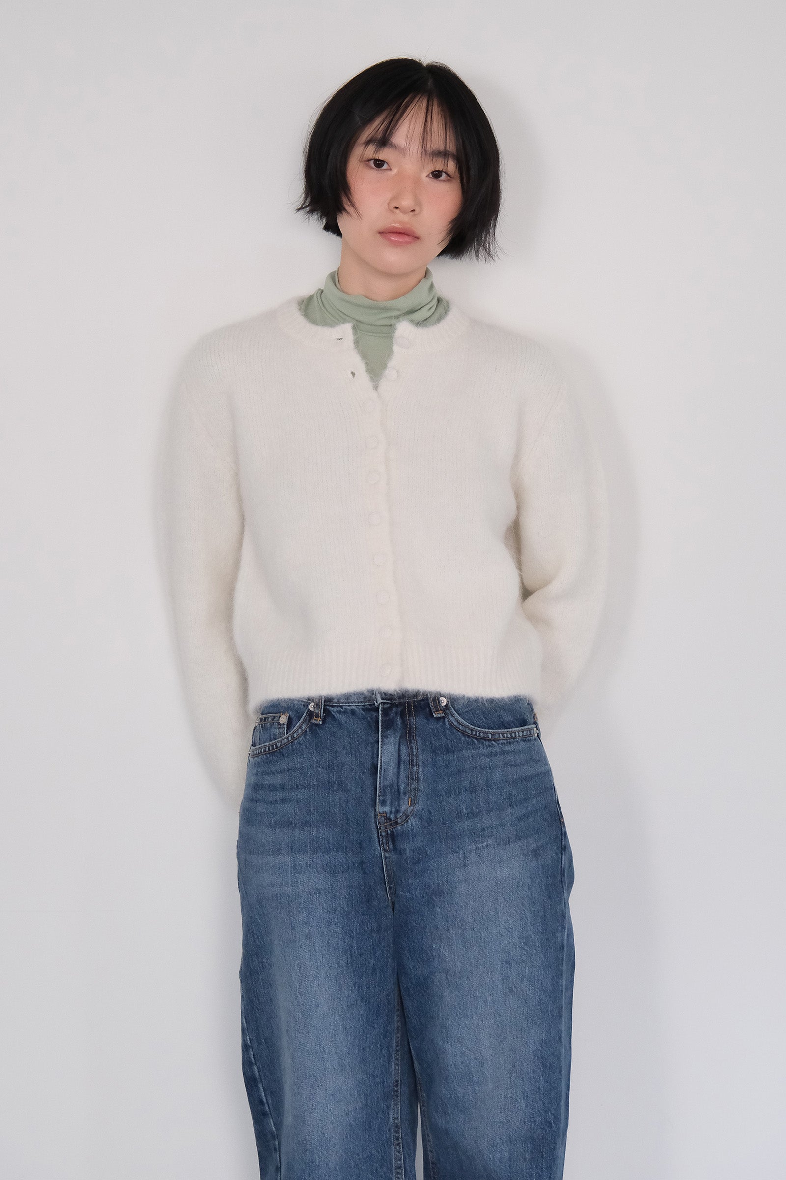 MOUI CARDIGAN EN ALPAGA À FENTE AVEC RUBAN_IVOIRE