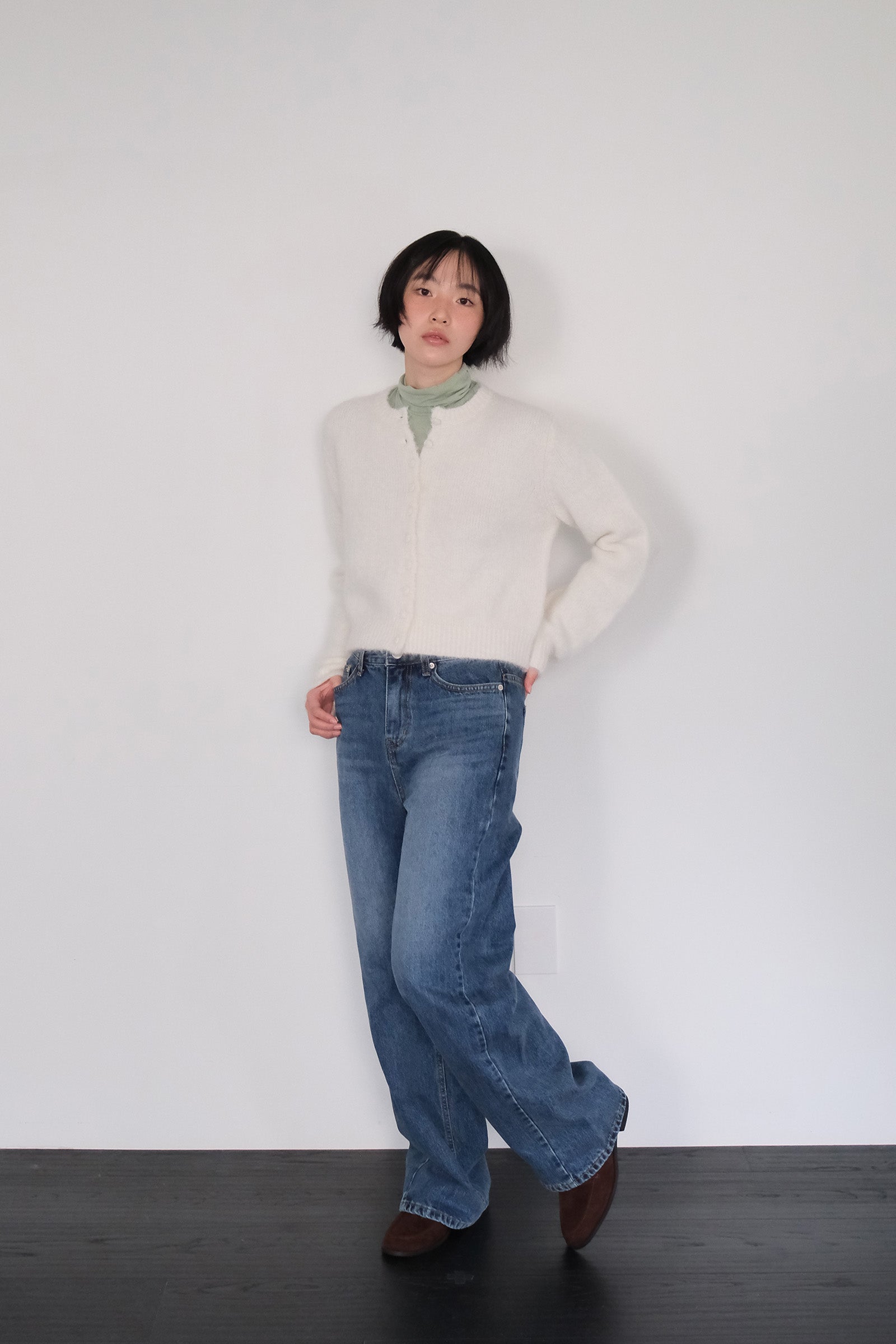 MOUI CARDIGAN EN ALPAGA À FENTE AVEC RUBAN_IVOIRE