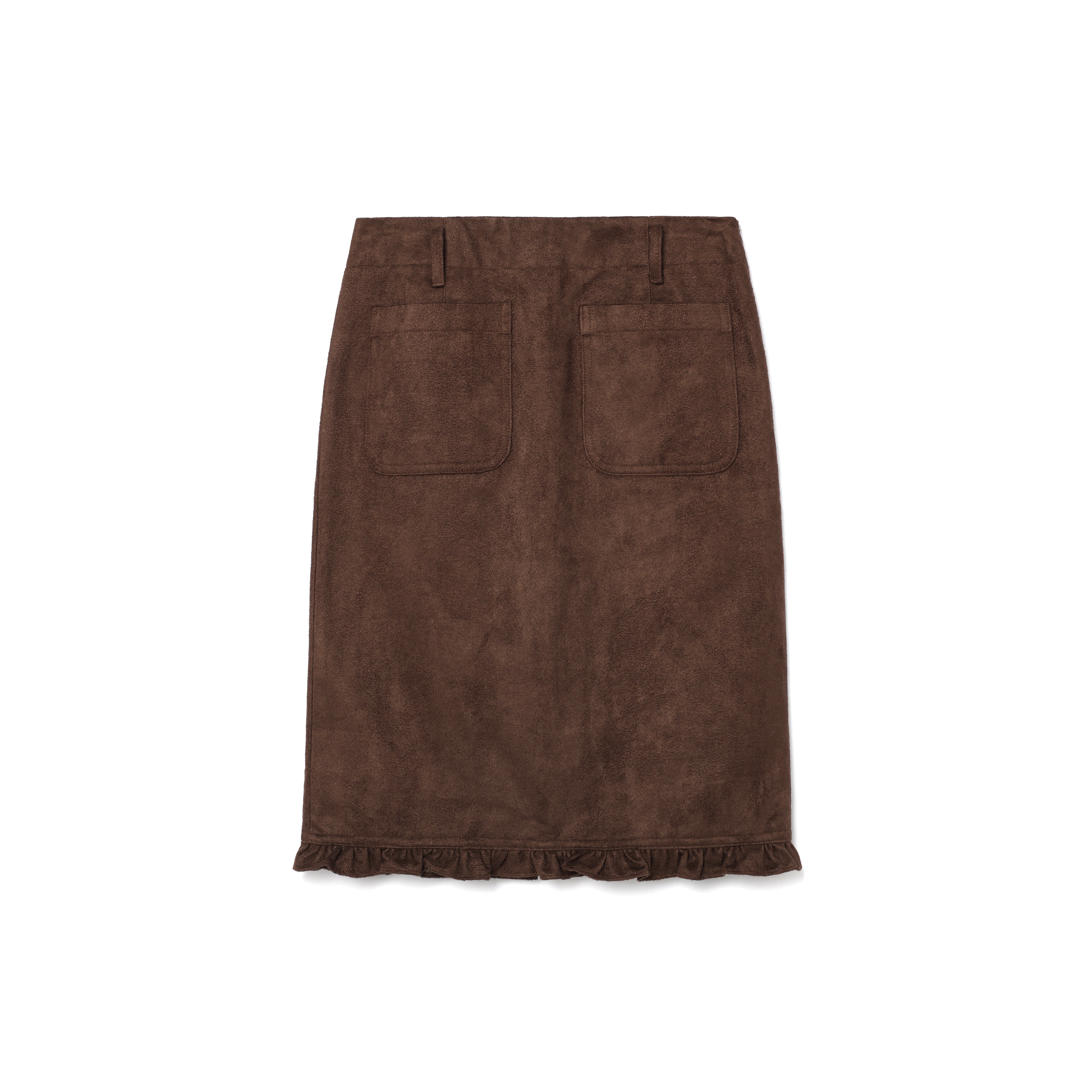 RUFFLE SUEDE SLIT MIDI SKIRT_BROWN