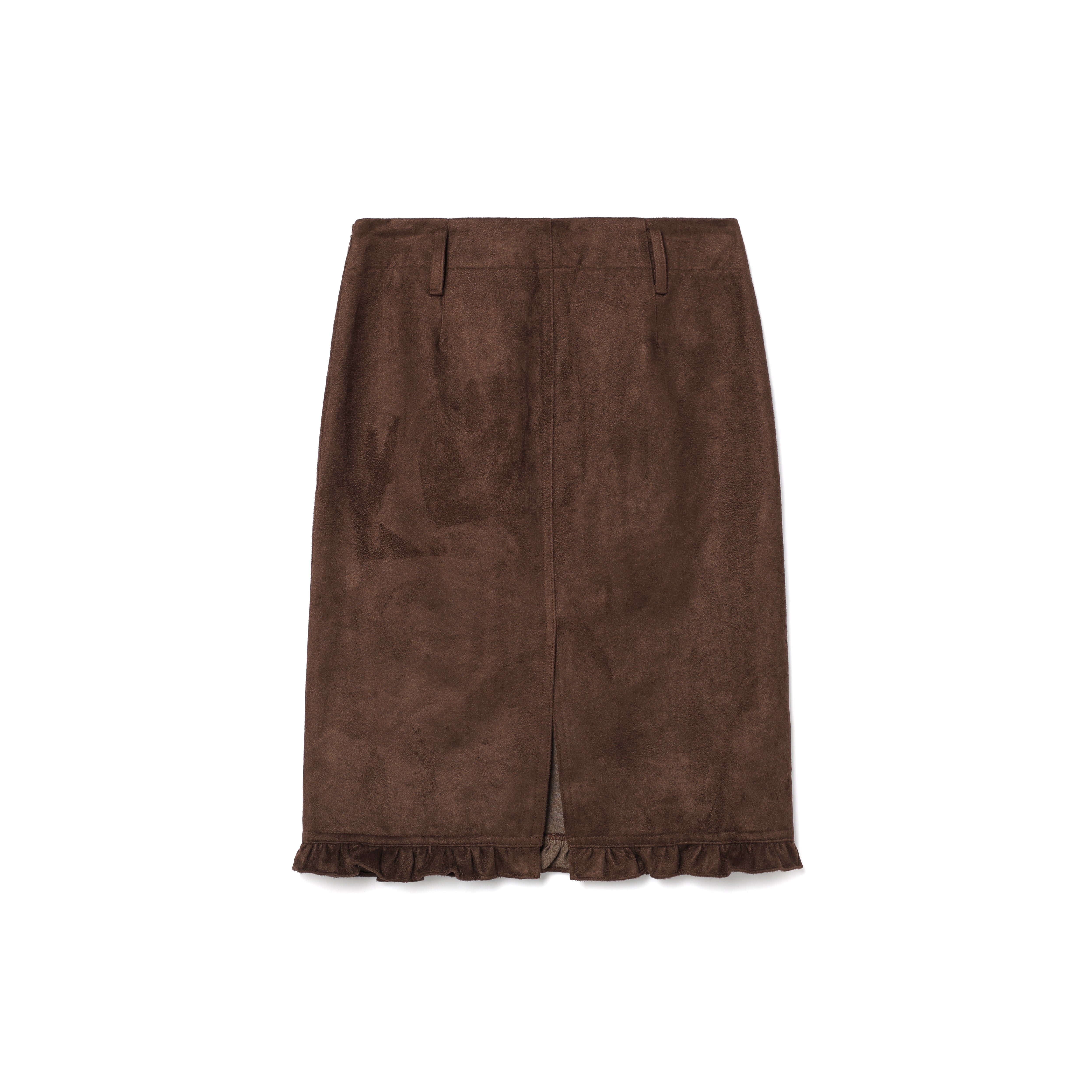 RUFFLE SUEDE SLIT MIDI SKIRT_BROWN