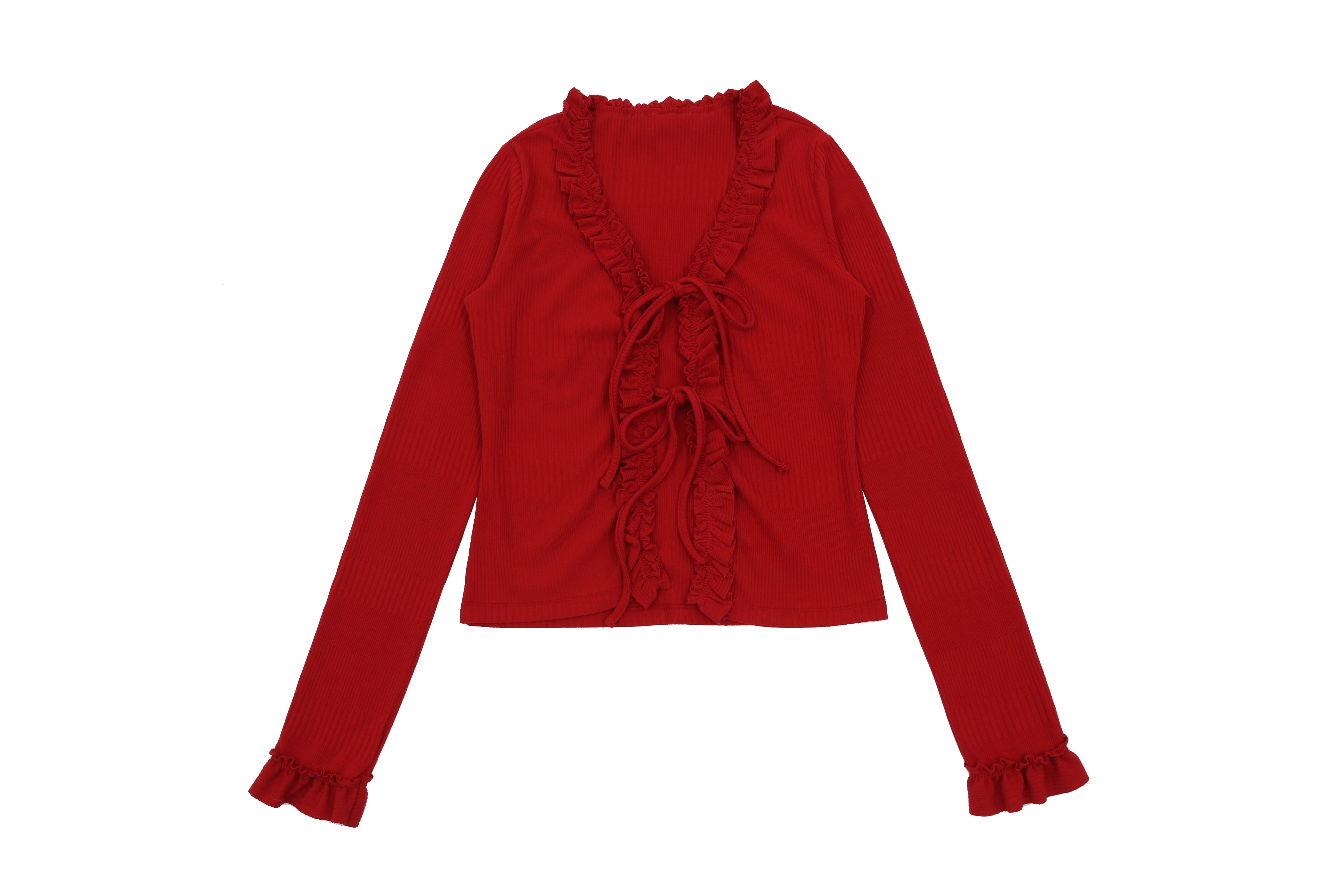 FRILL RIBBON CARDIGAN_ROUGE