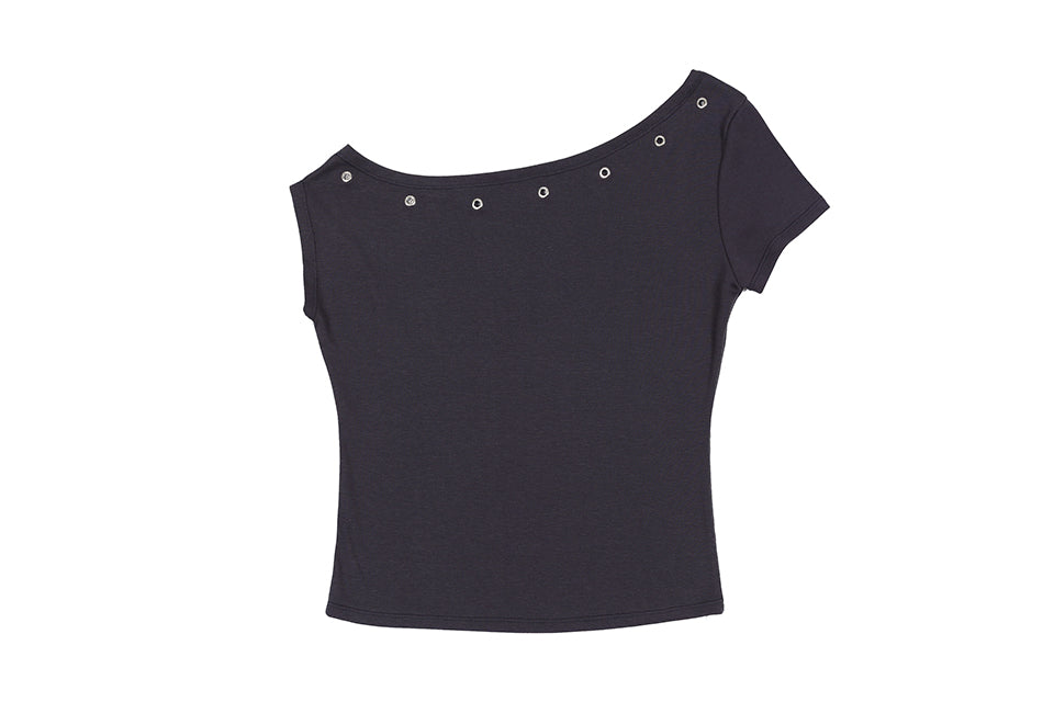 EYELET ONE SHOULDER T_NAVY