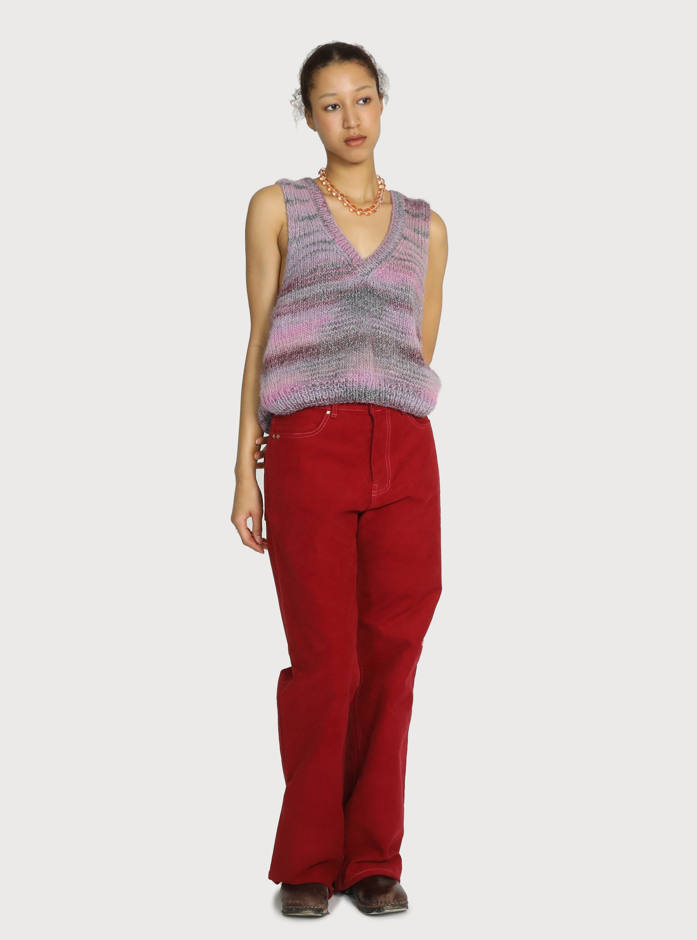 METALIC STRIPE HAND KNITTED V-NECK GRANNY VEST_PINK