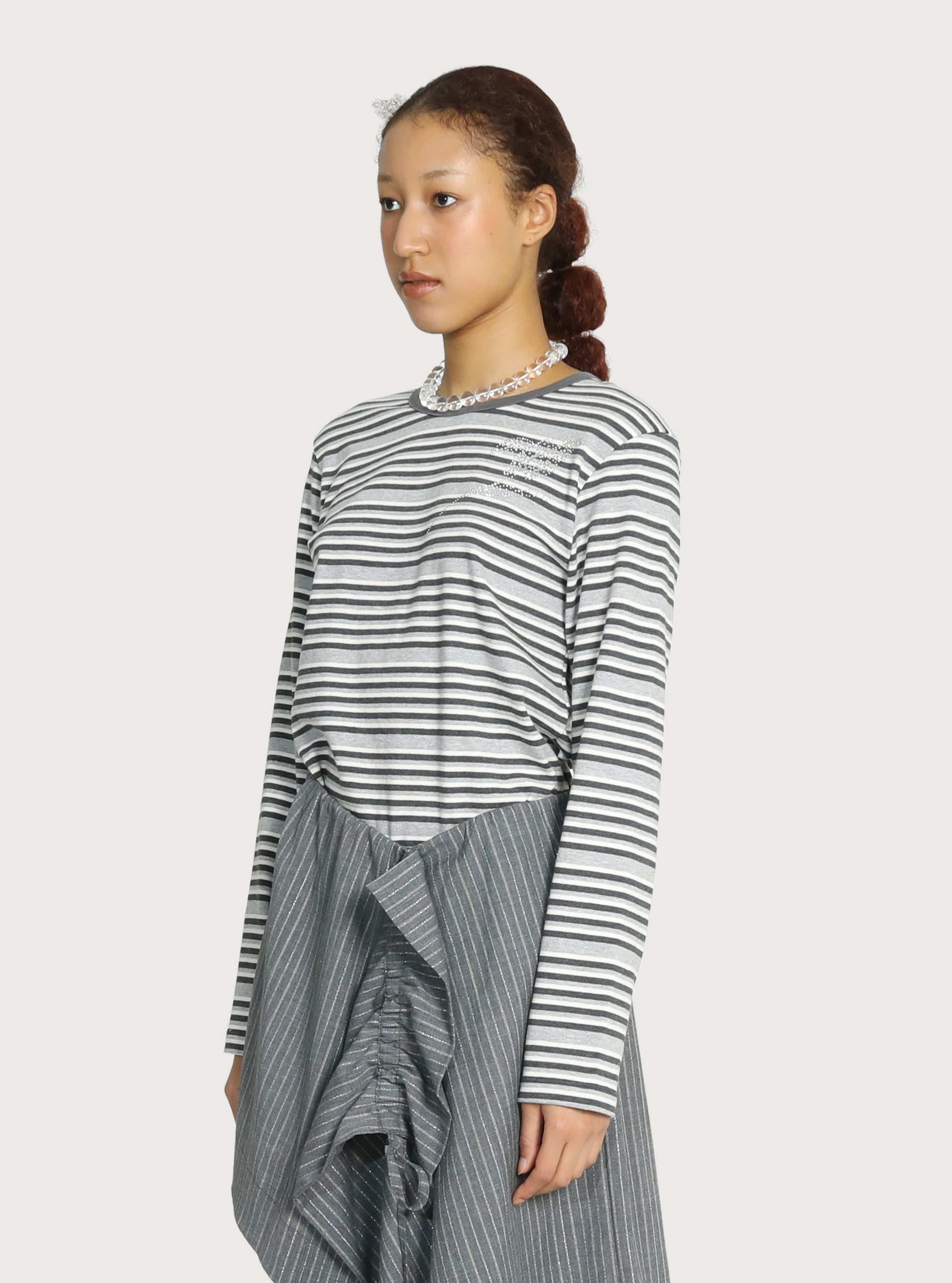 MOTIF STRIPE COTTON TOP_GRAY