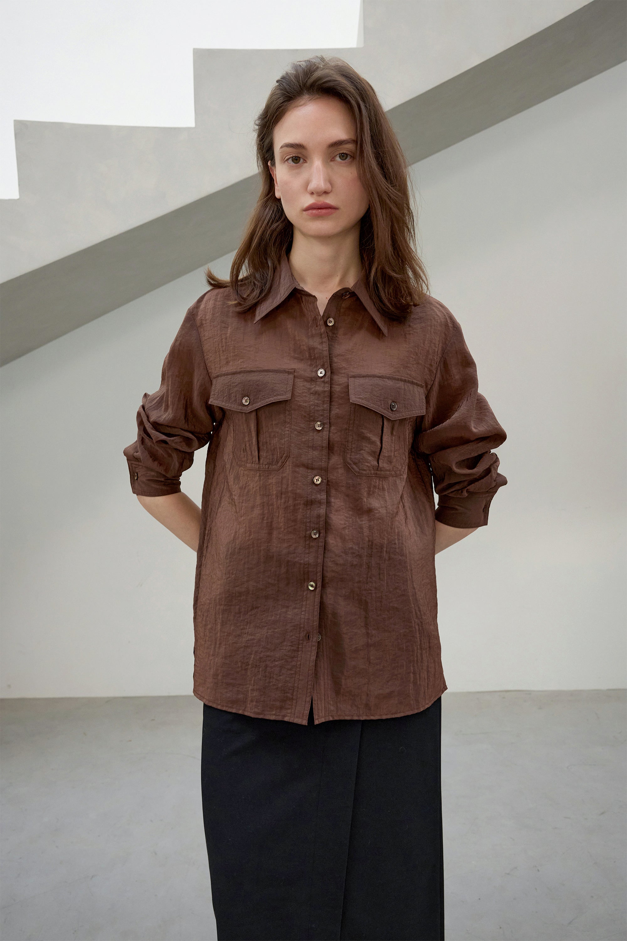 POCKET SHEER SHIRT_MARRON