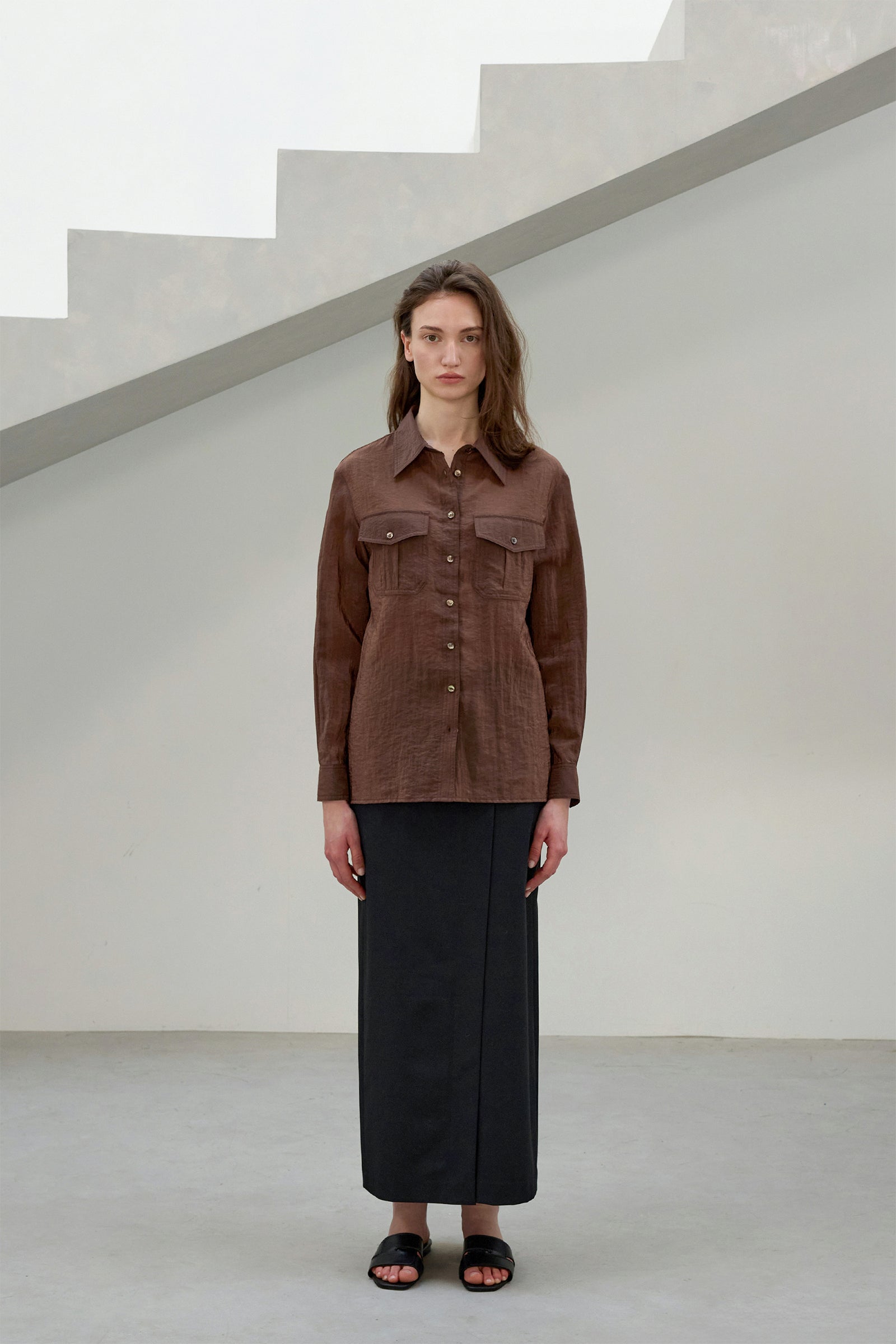 POCKET SHEER SHIRT_MARRON