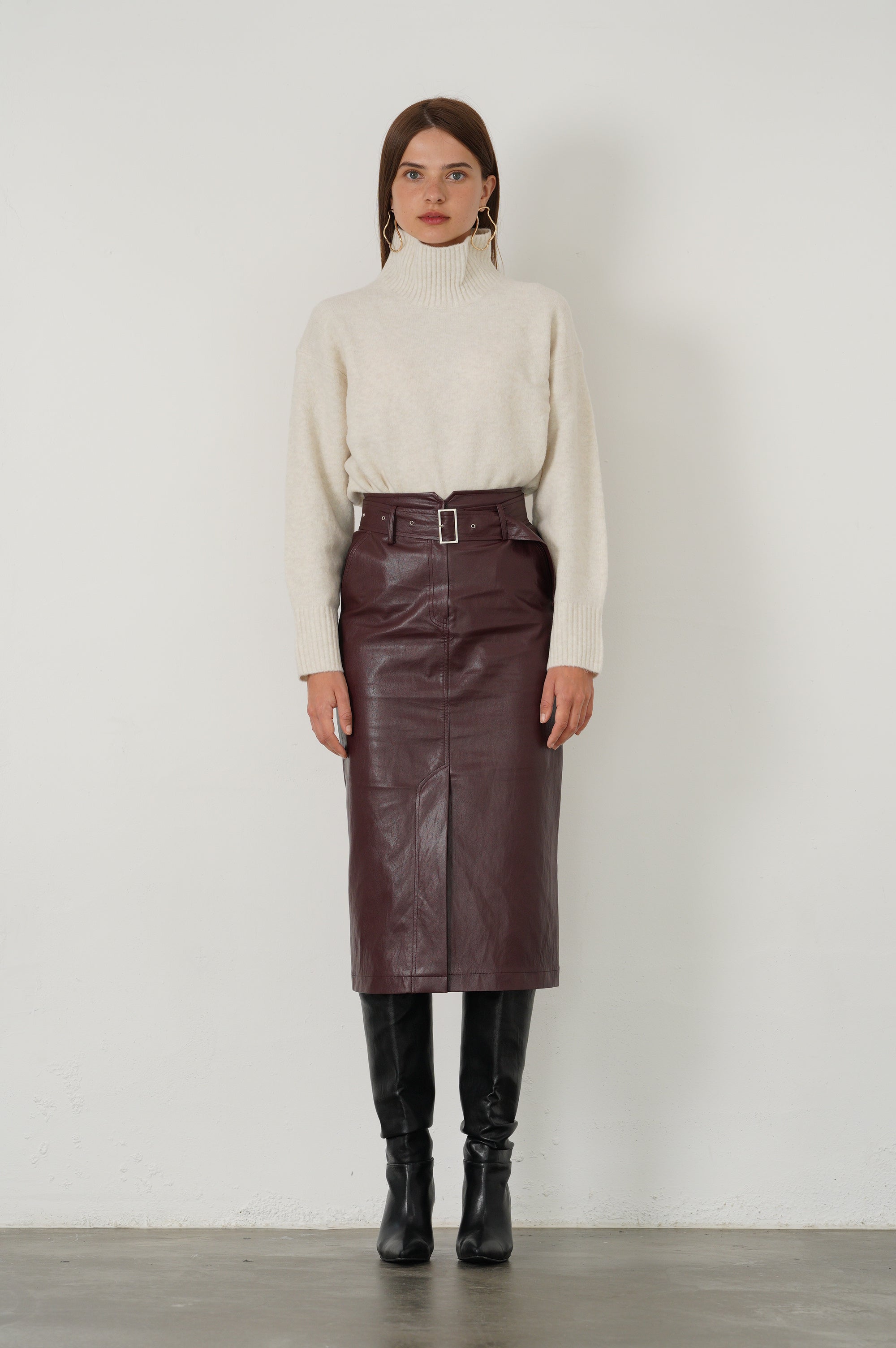 FAUX LEATHER HIGH WAIST SKIRT_ROUGE MARRON