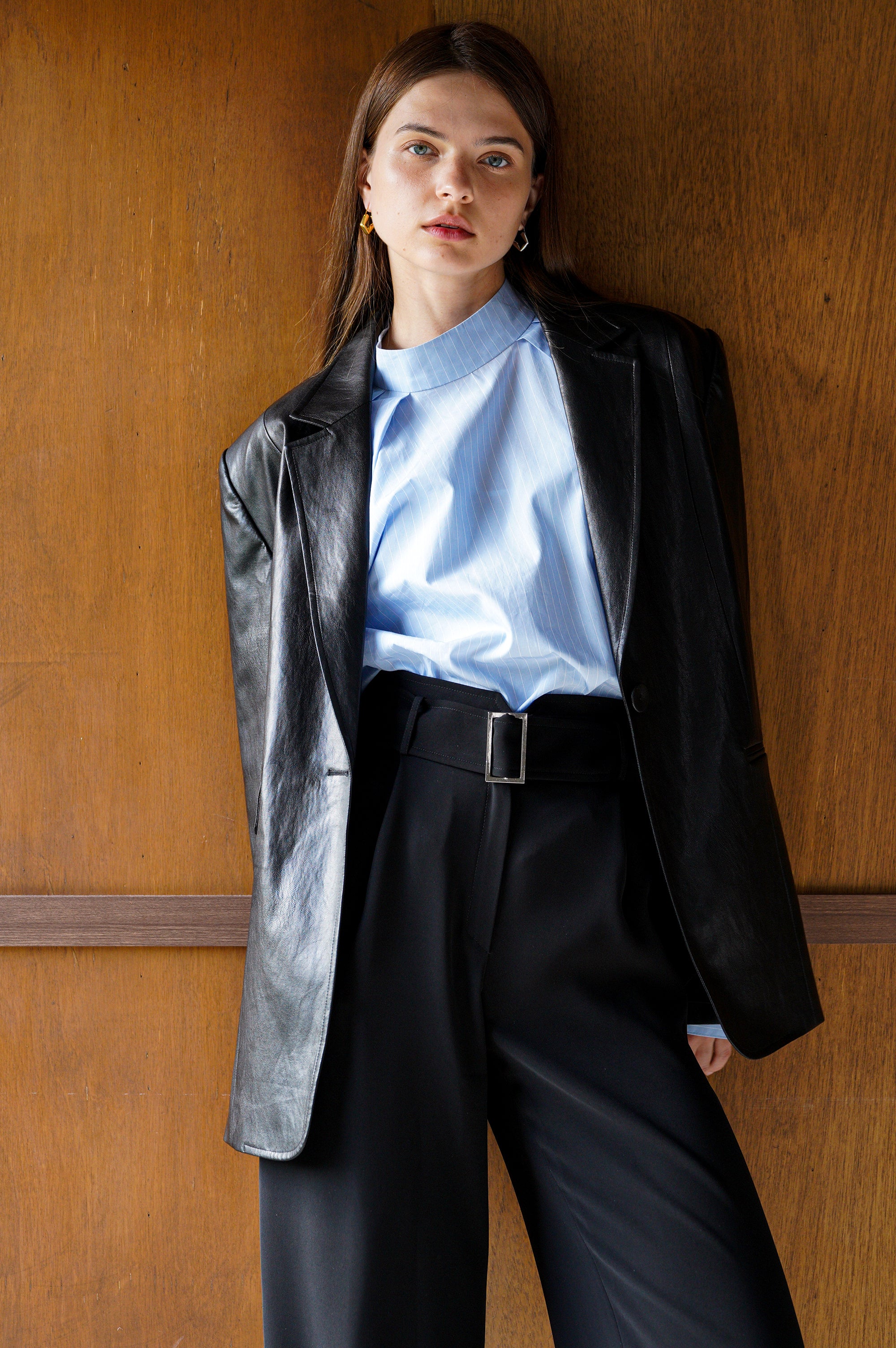 CLASSIC ONE BUTTON OVERSIZE FAUX LEATHER JACKET_NOIR