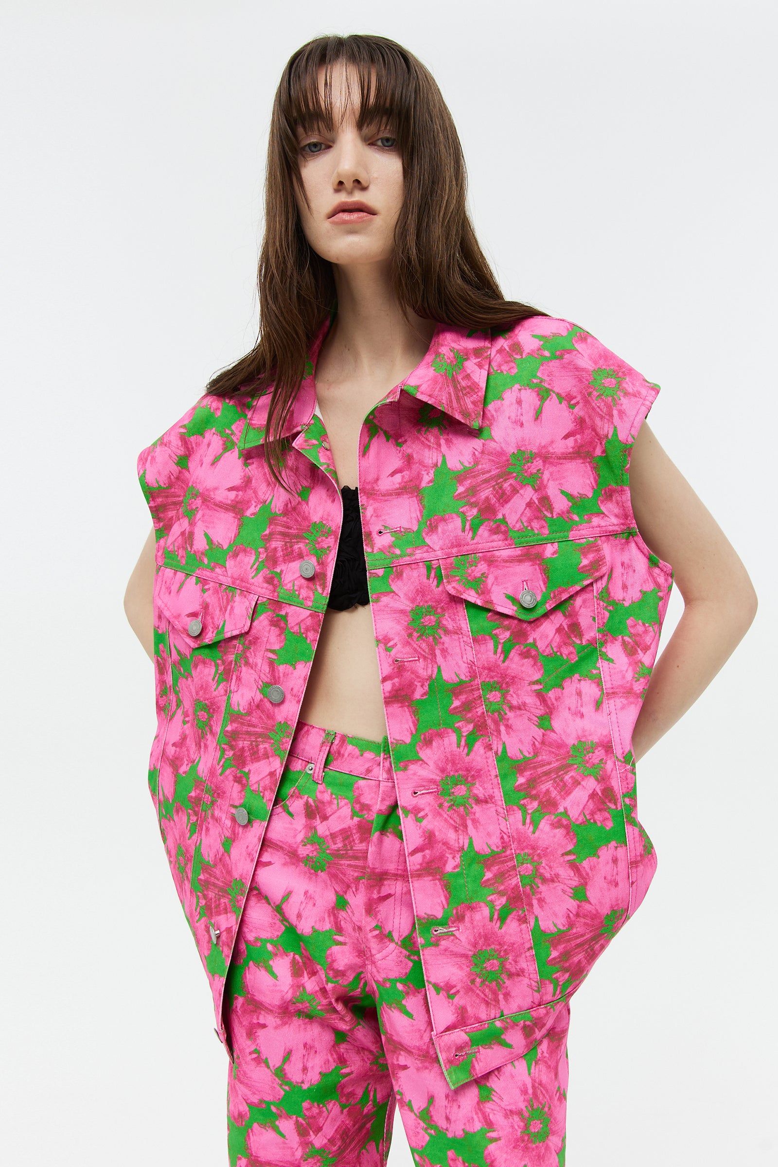 FLOWER SLEEVELESS TRUCKER JACKET _PINK