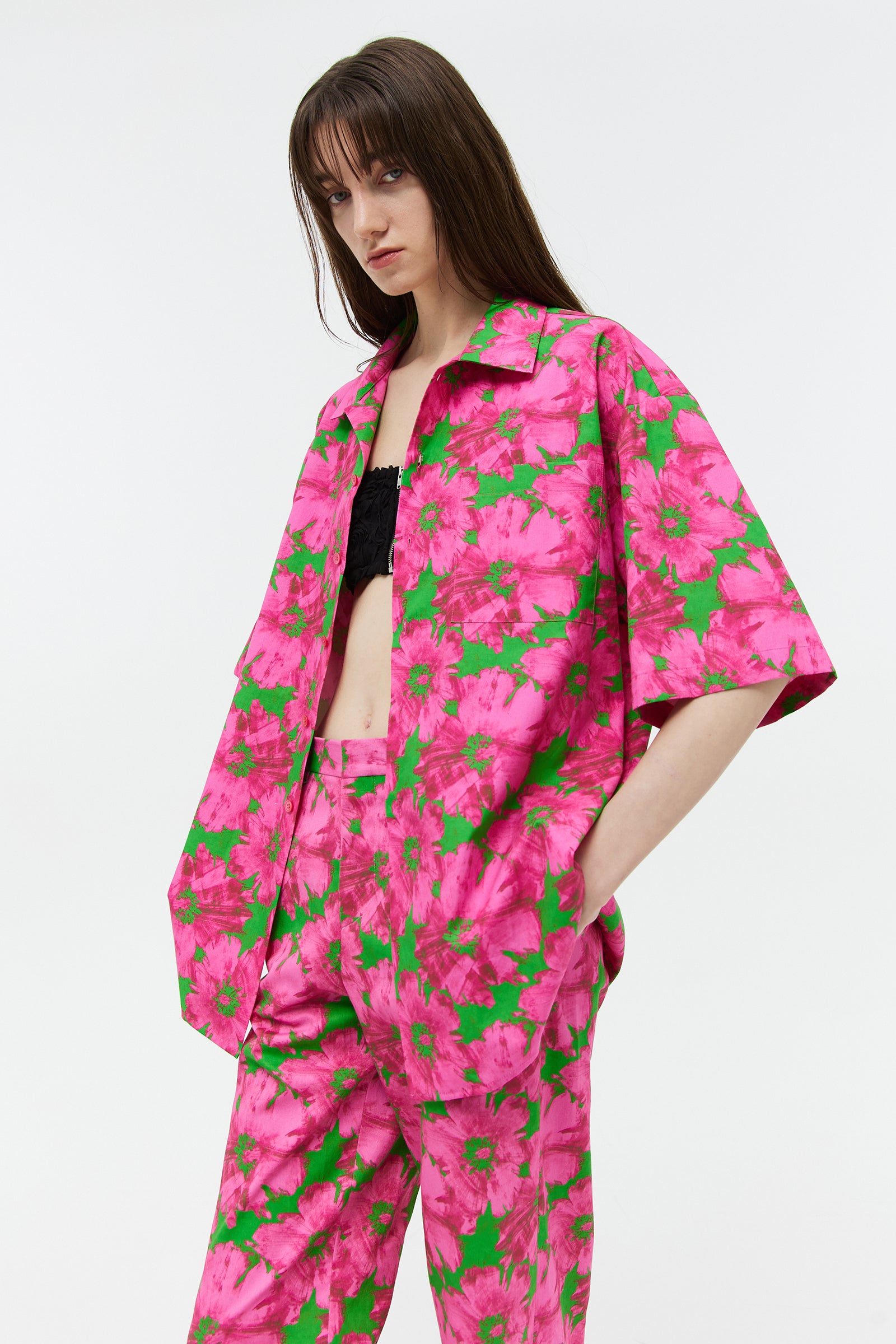 FLOWER COTTON HALF SHIRT_PINK