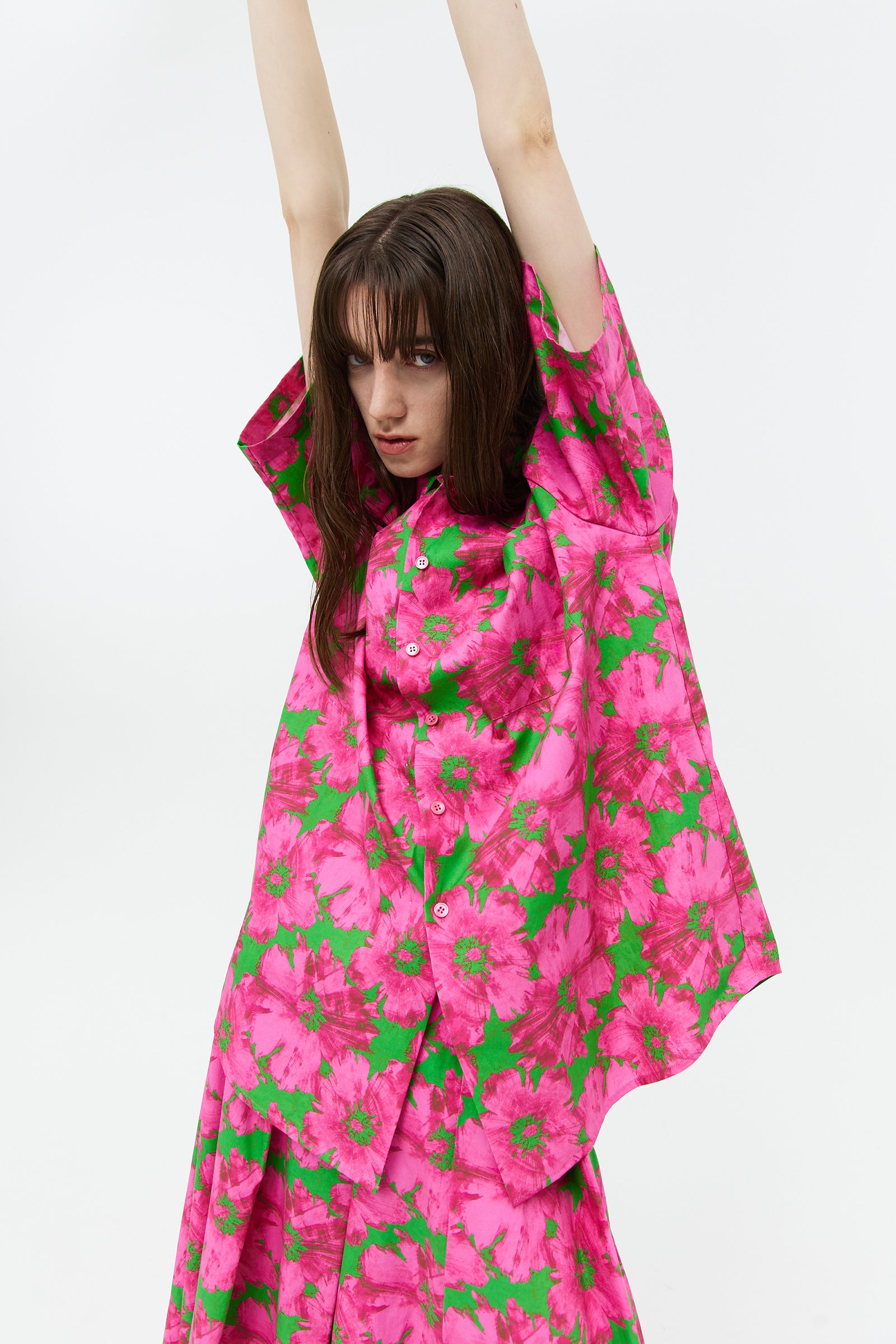 FLOWER COTTON HALF SHIRT_PINK