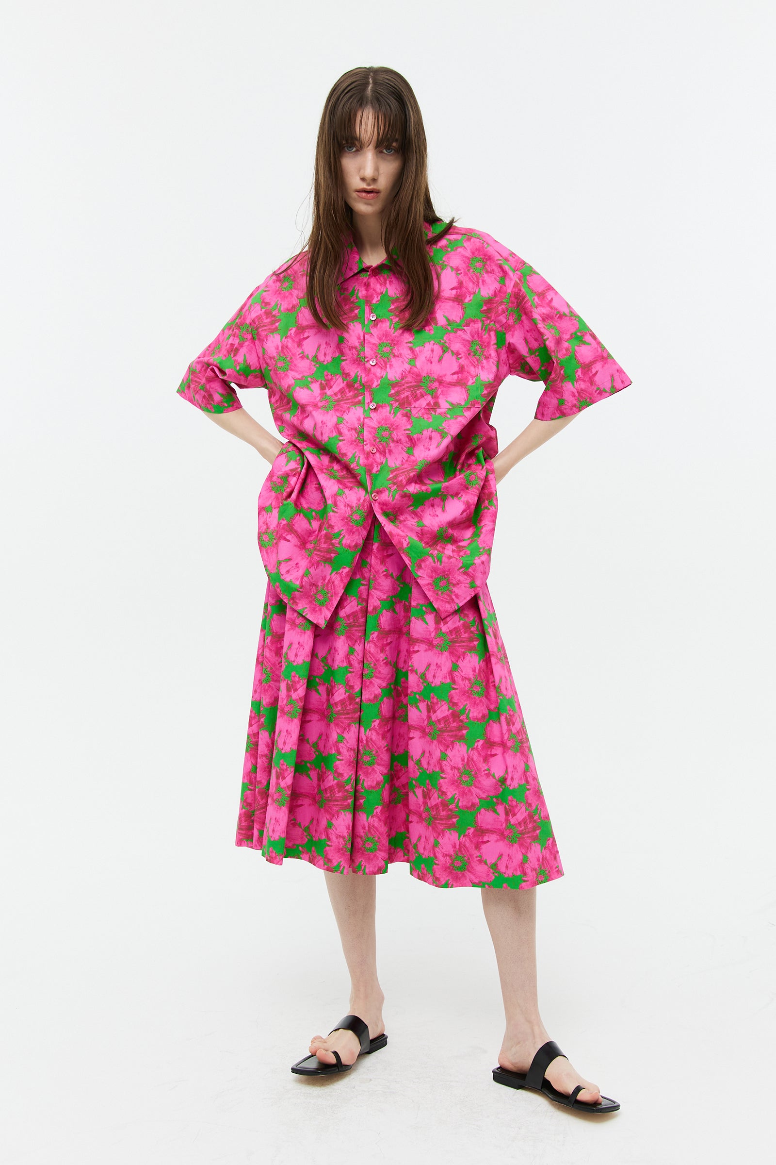 FLOWER COTTON HALF SHIRT_PINK
