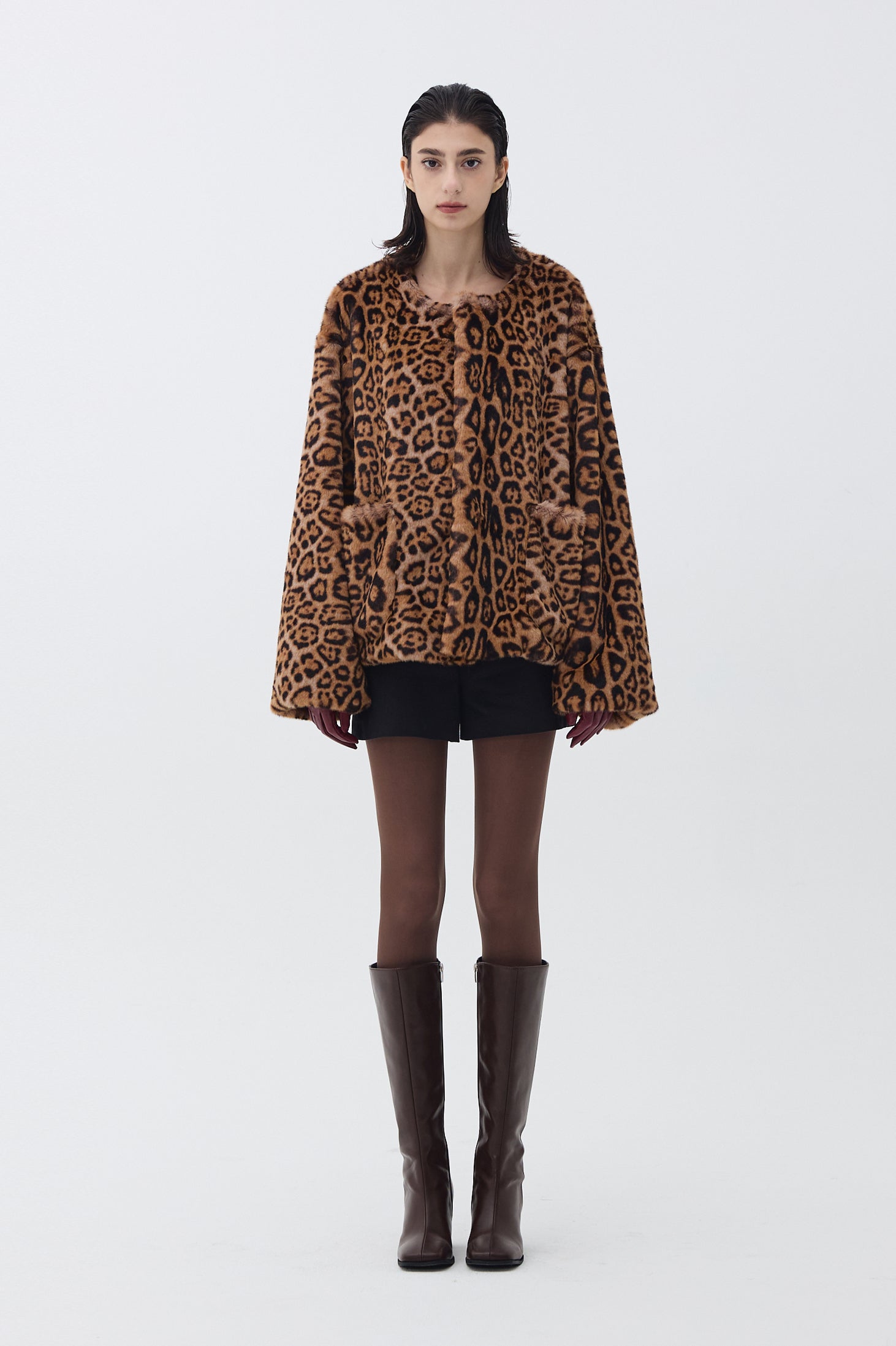 VEGAN FUR ROUND-NECK JACKET_LEOPARD