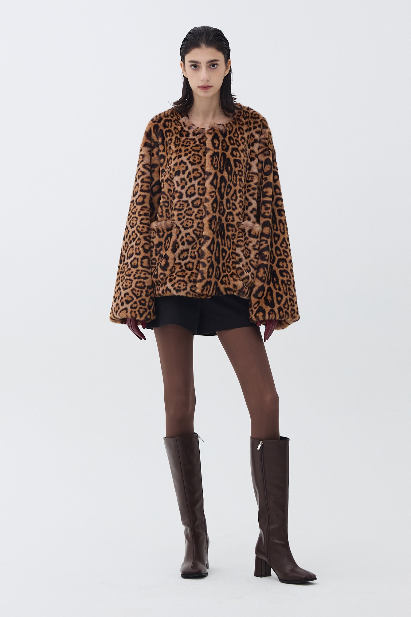 VEGAN FUR ROUND-NECK JACKET_LEOPARD