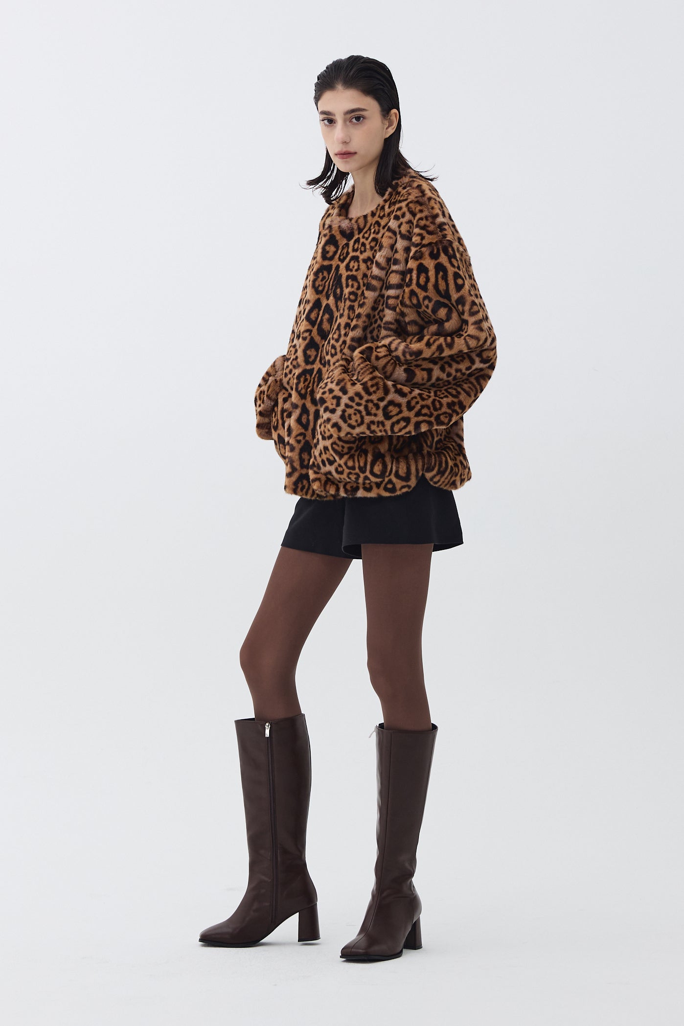 VEGAN FUR ROUND-NECK JACKET_LEOPARD