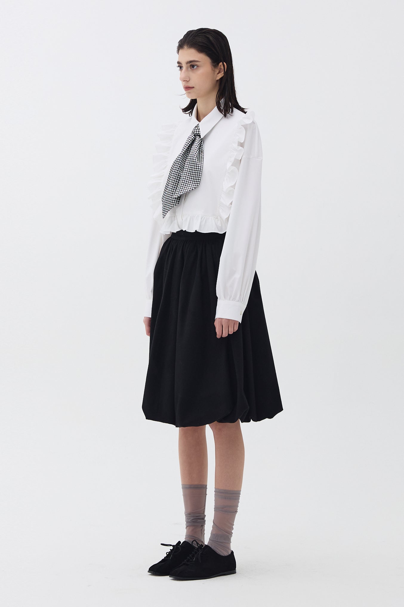 WOOL SHIRRED VOLUME SKIRT_BLACK