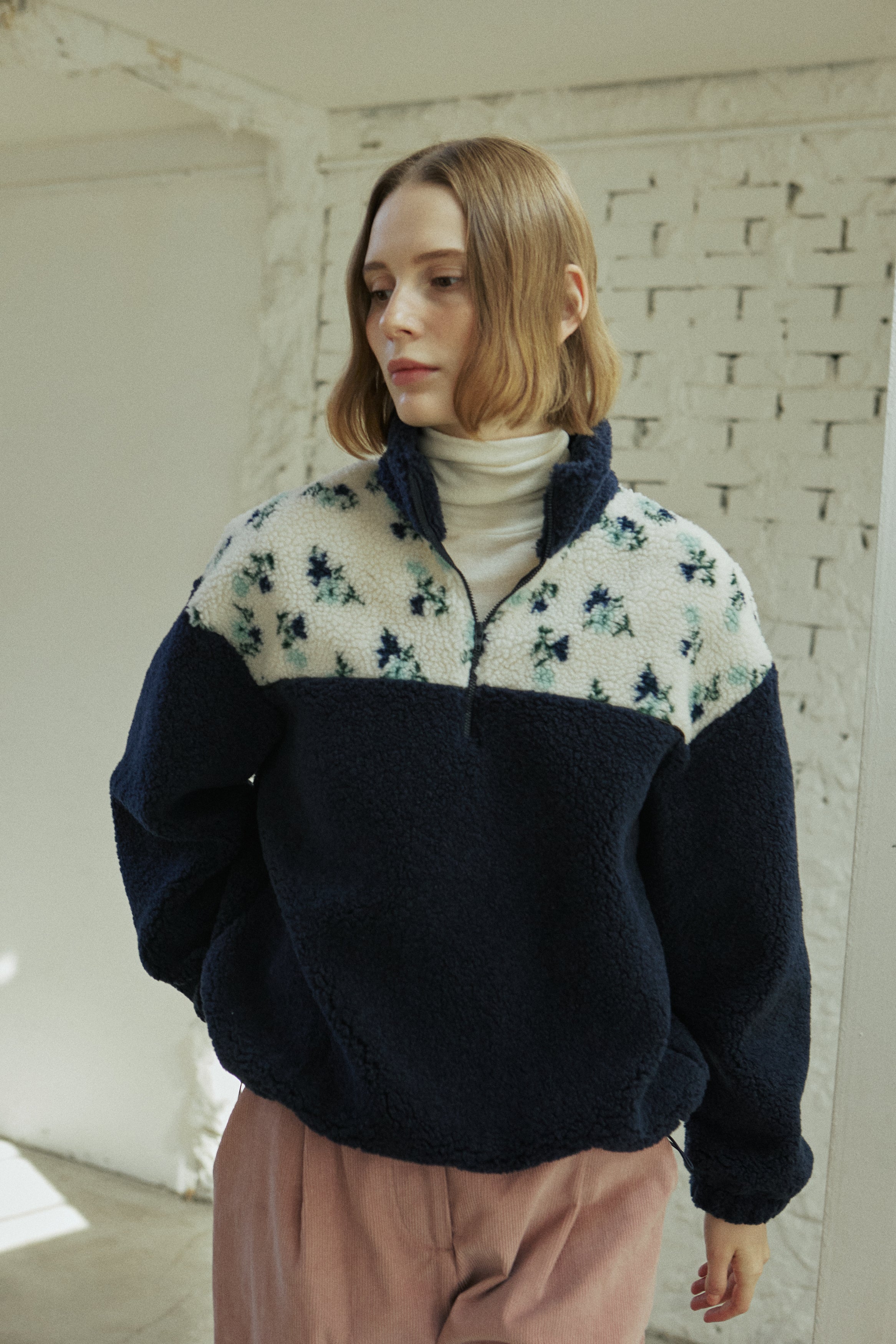 FLOWER FLEECE ZIP UP_BLEU MARINE