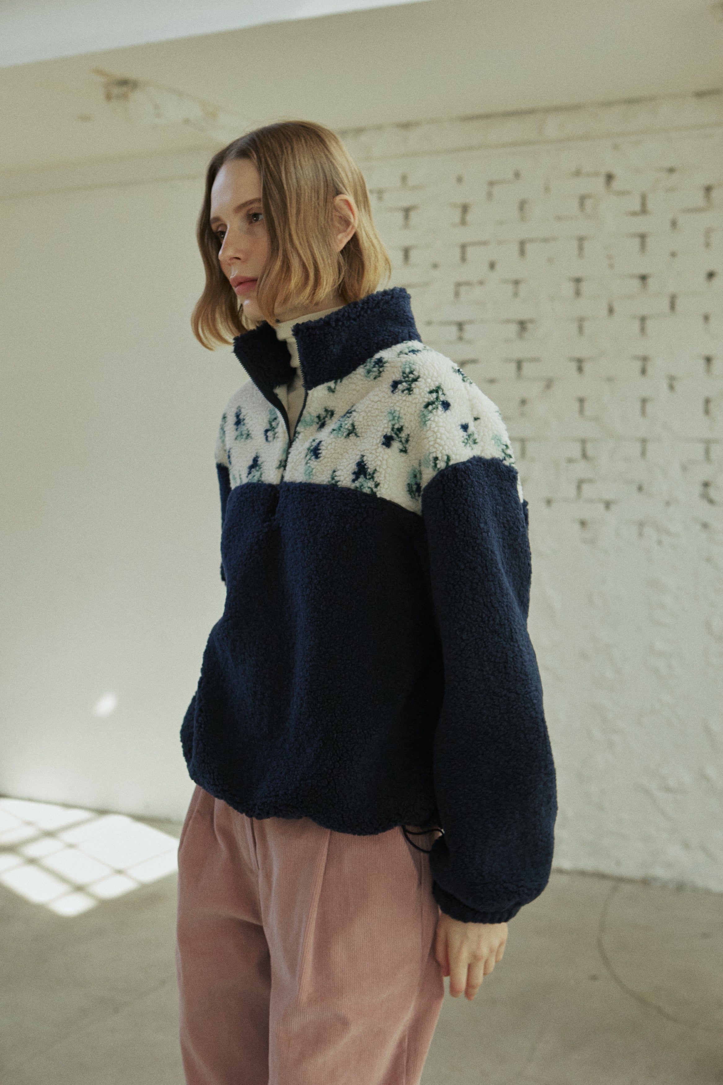 FLOWER FLEECE ZIP UP_BLEU MARINE