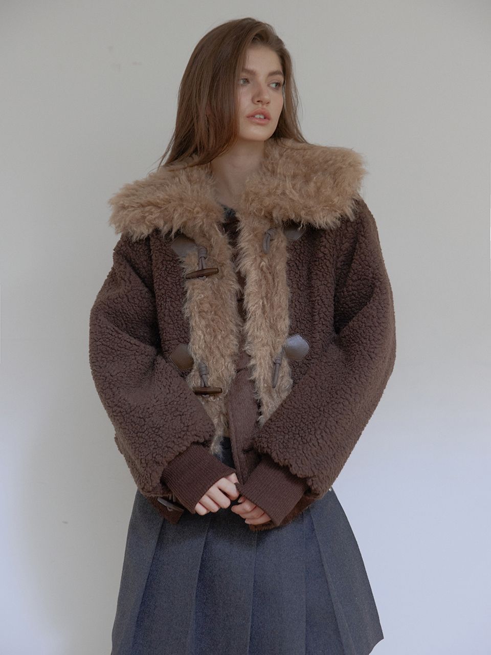 VESTE RÉVERSIBLE À COL EN FOURRURE_MARRON