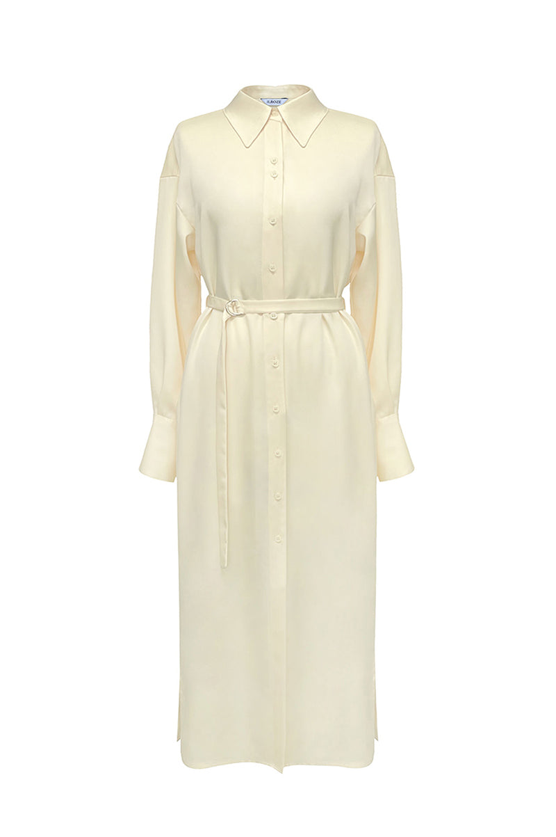 TWO-BUTTON SILKY LONG SHIRT DRESS_JAUNE