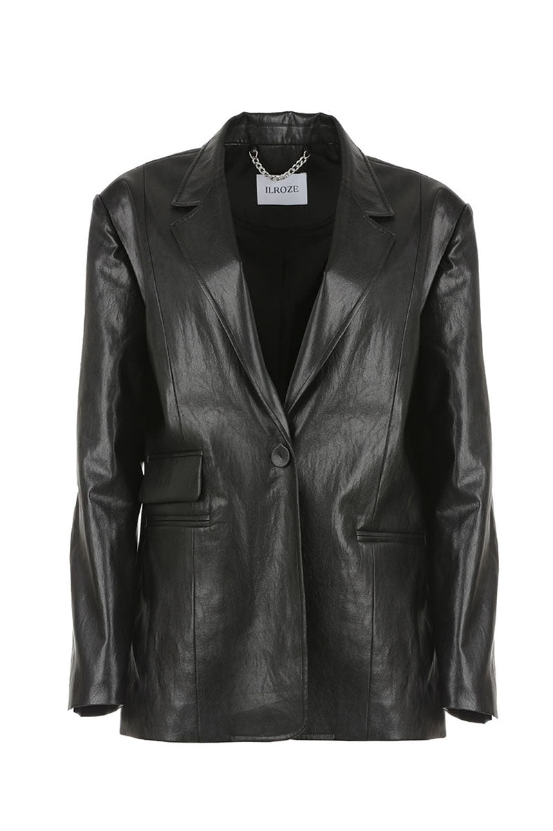 CLASSIC ONE BUTTON OVERSIZE FAUX LEATHER JACKET_NOIR