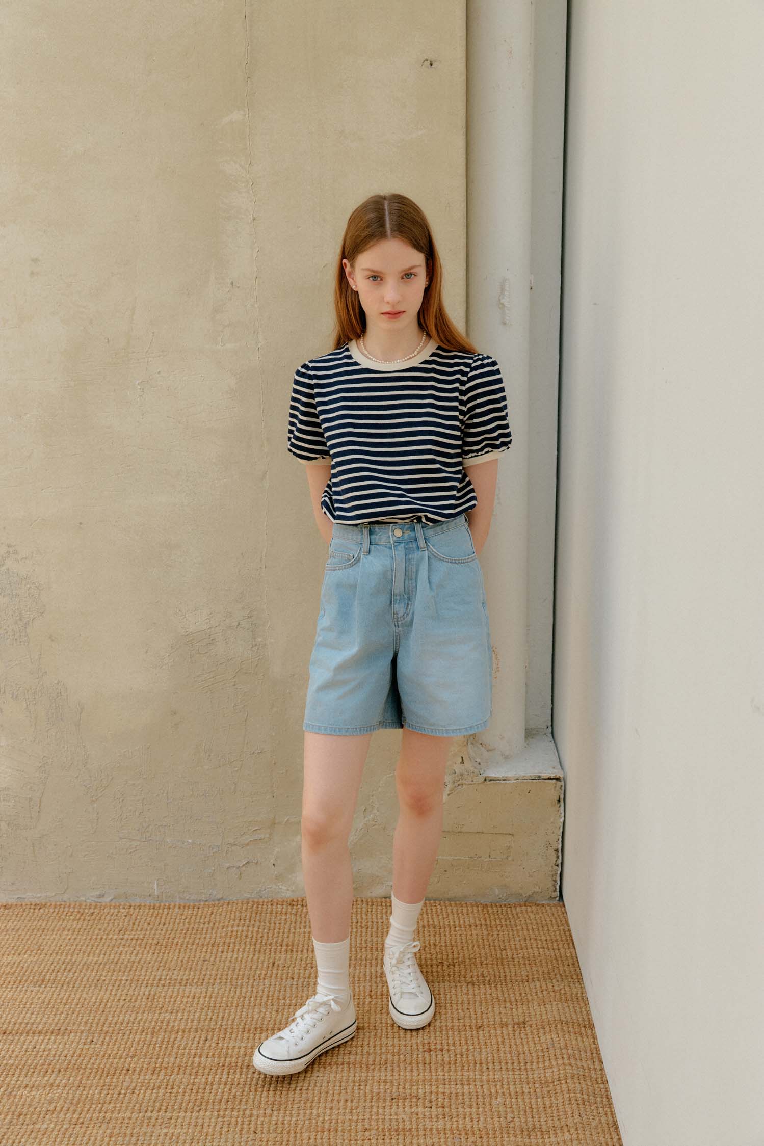 STRIPE SHIRRING T-SHIRT_BLEU MARINE