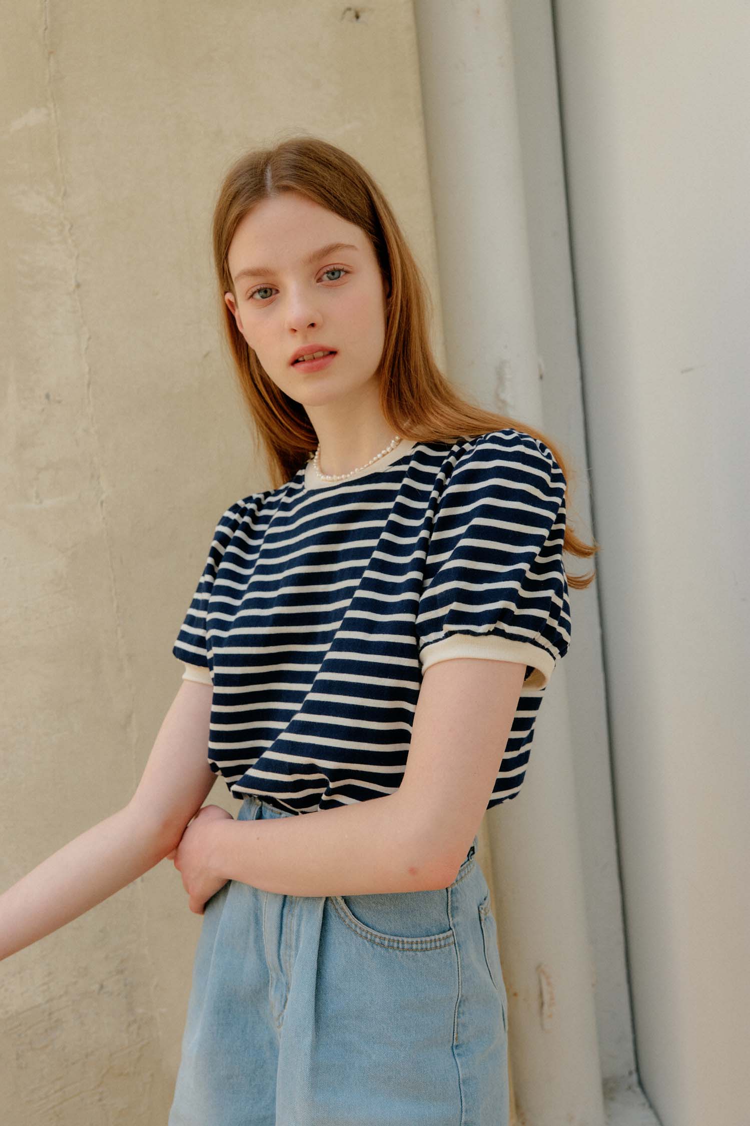 STRIPE SHIRRING T-SHIRT_BLEU MARINE