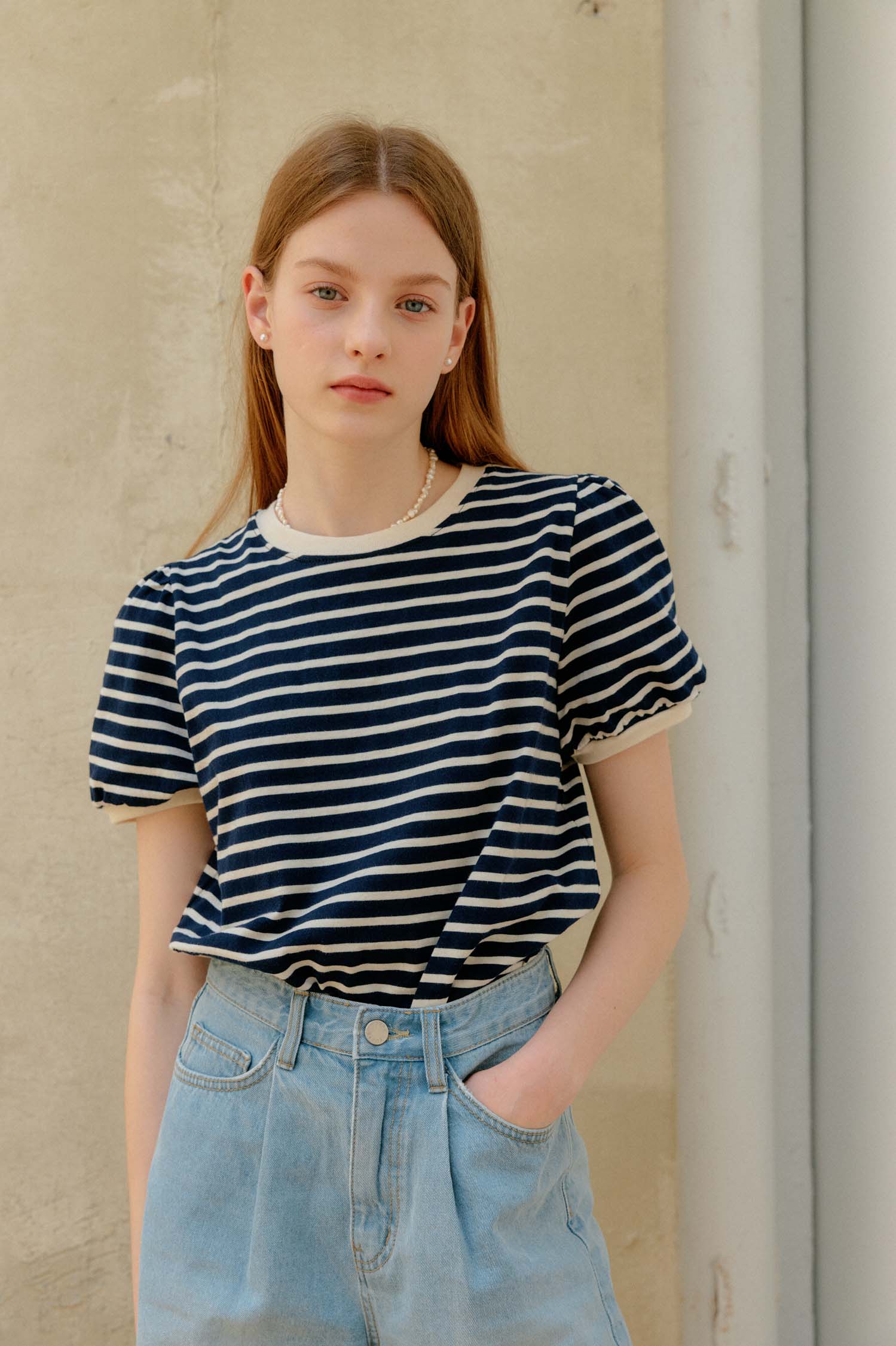 STRIPE SHIRRING T-SHIRT_NAVY