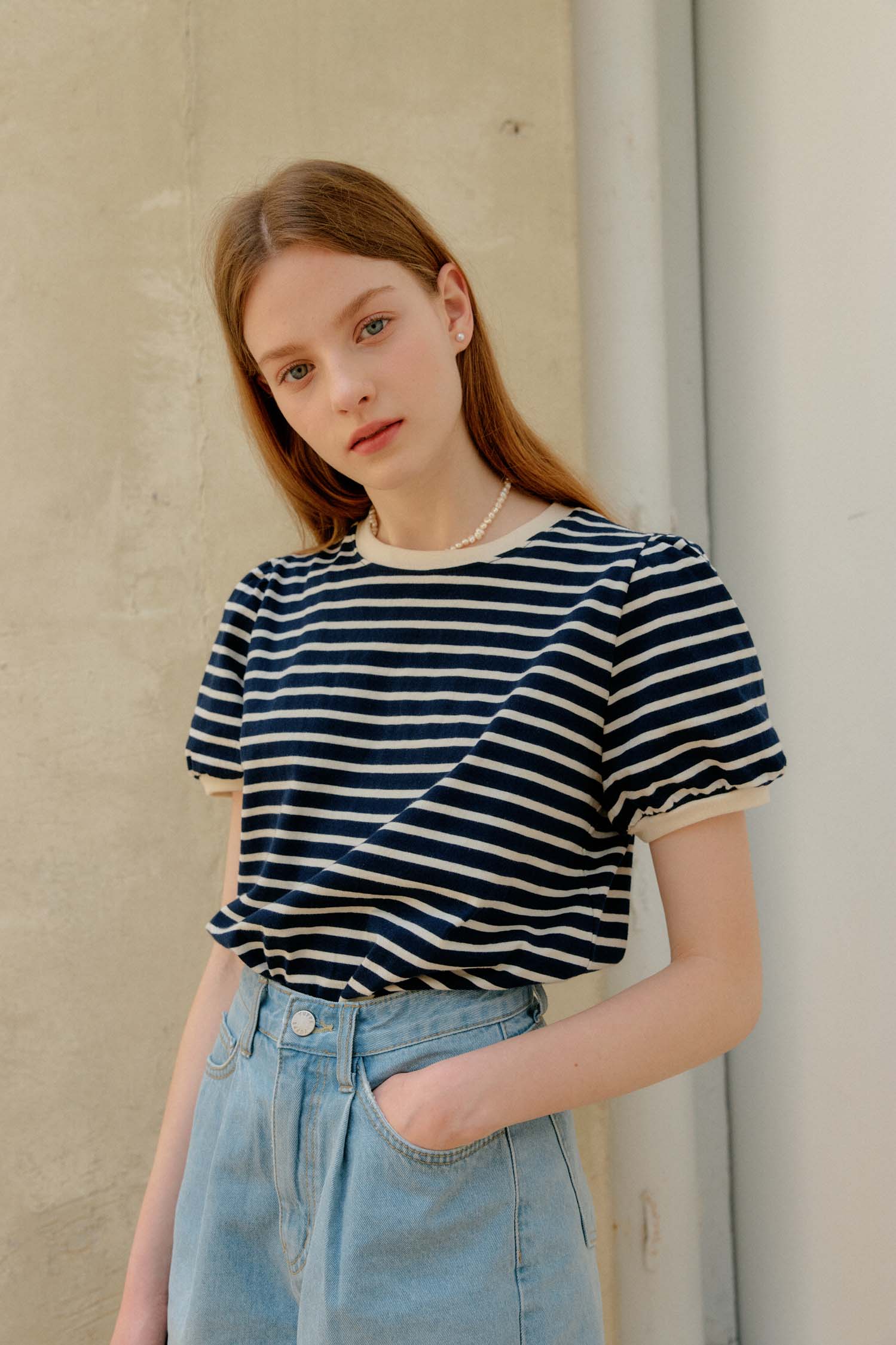 STRIPE SHIRRING T-SHIRT_NAVY