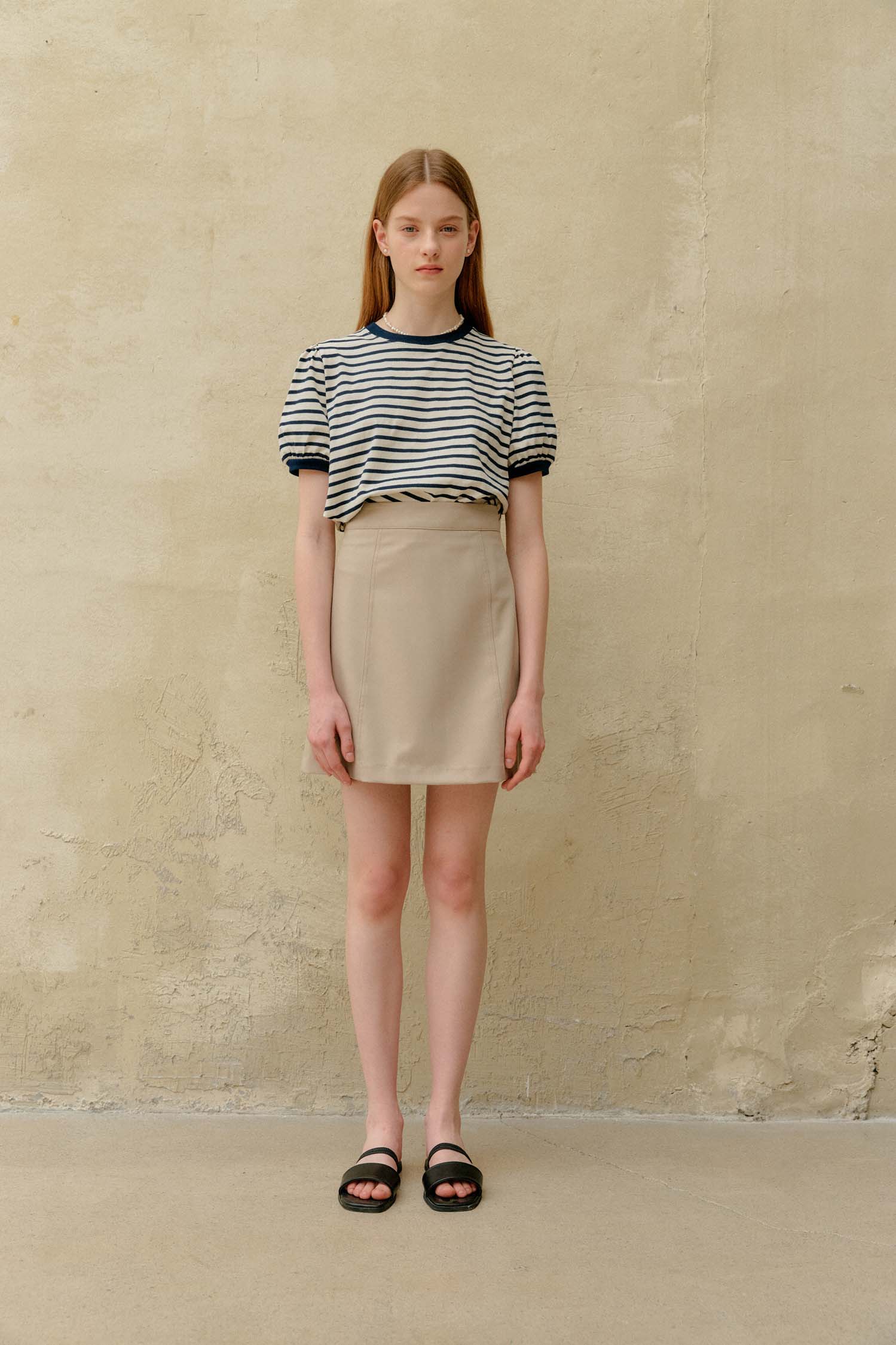 STRIPE SHIRRING T-SHIRT_IVORY