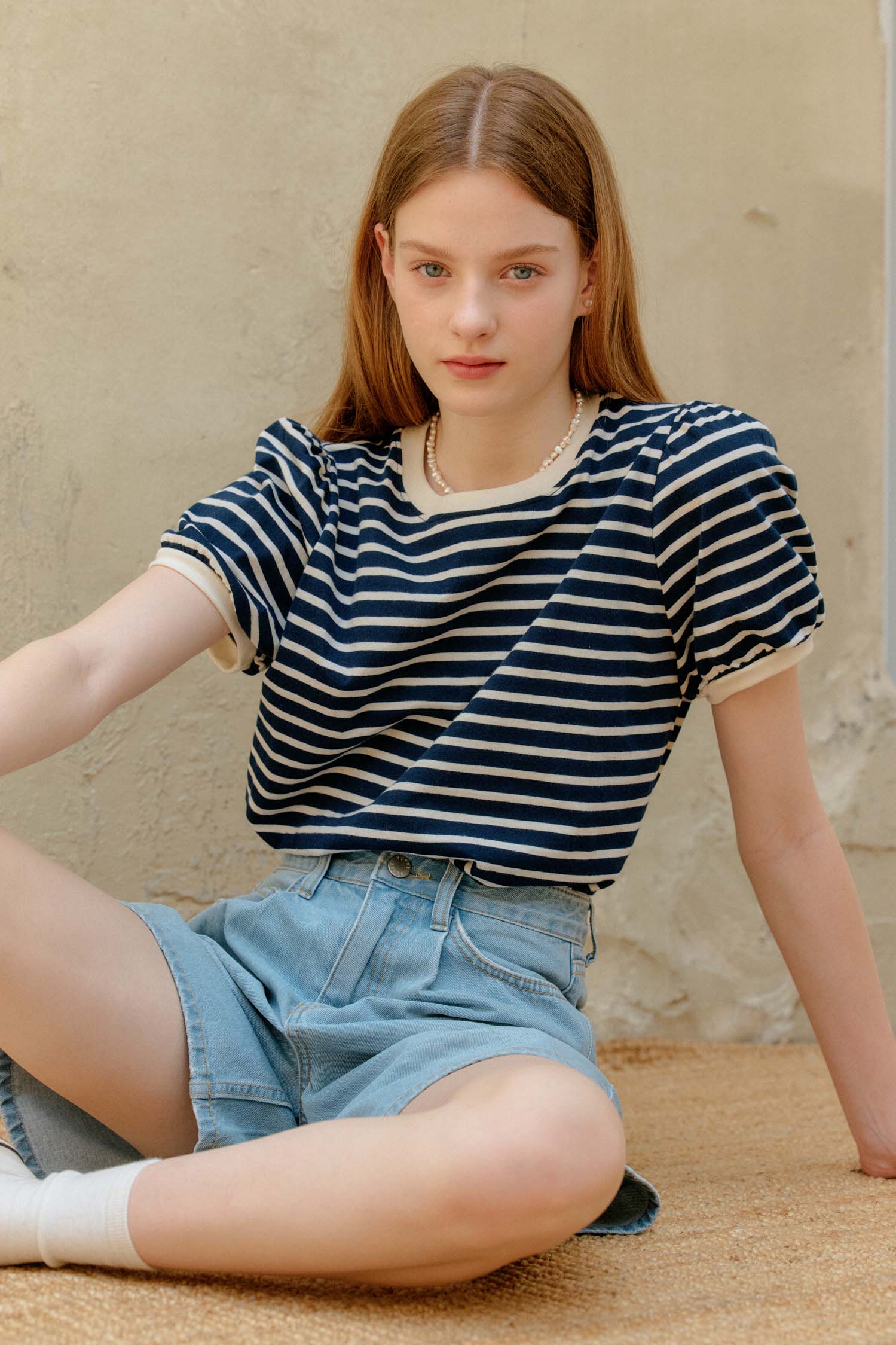 STRIPE SHIRRING T-SHIRT_NAVY