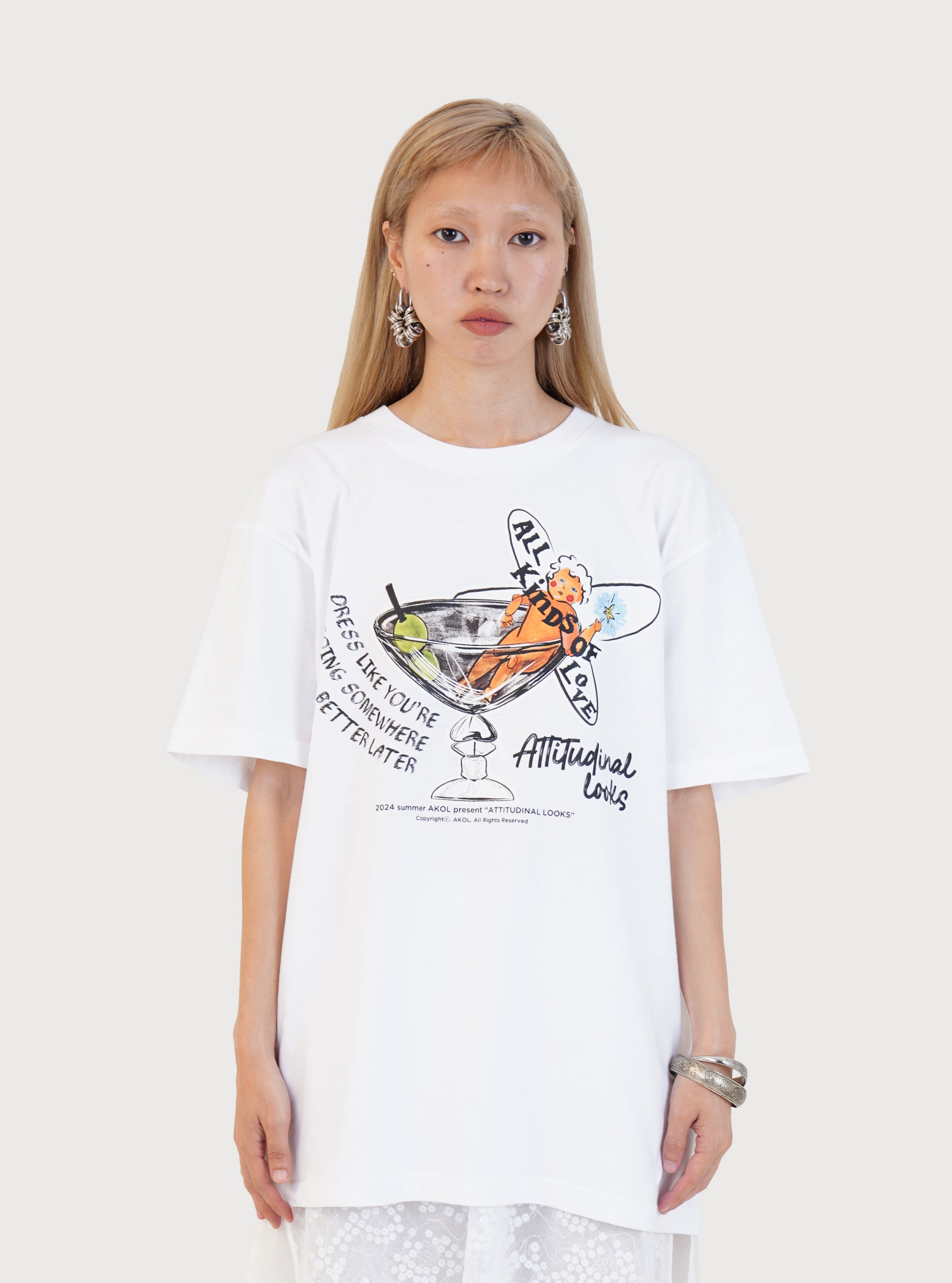 AKOL, T-SHIRT OVER SIZE IMPRIMÉ "ATTITUDINAL LOOKS"_BLANC