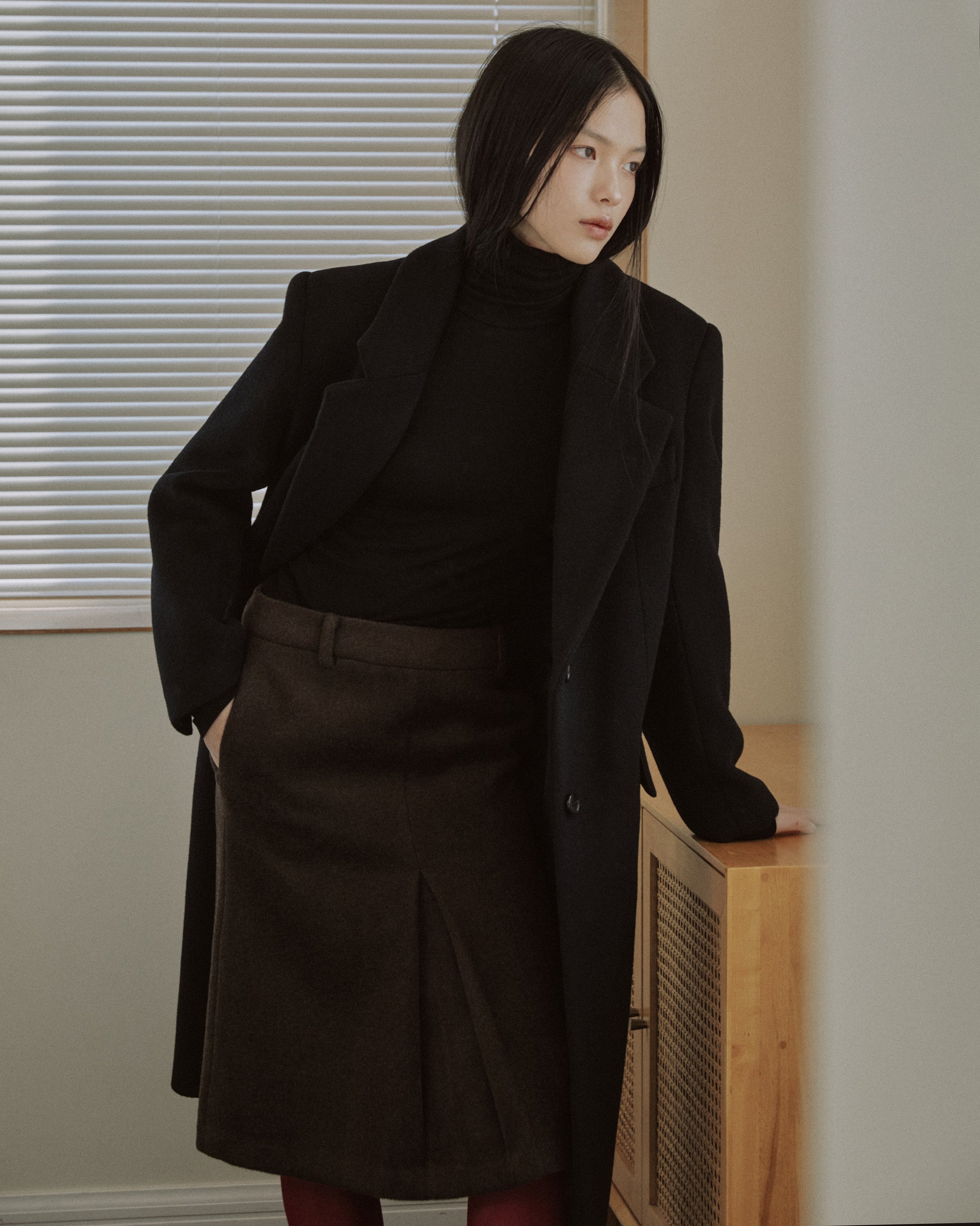 WOOL BLEND FRONT TUCK SLIM SKIRT_BROWN