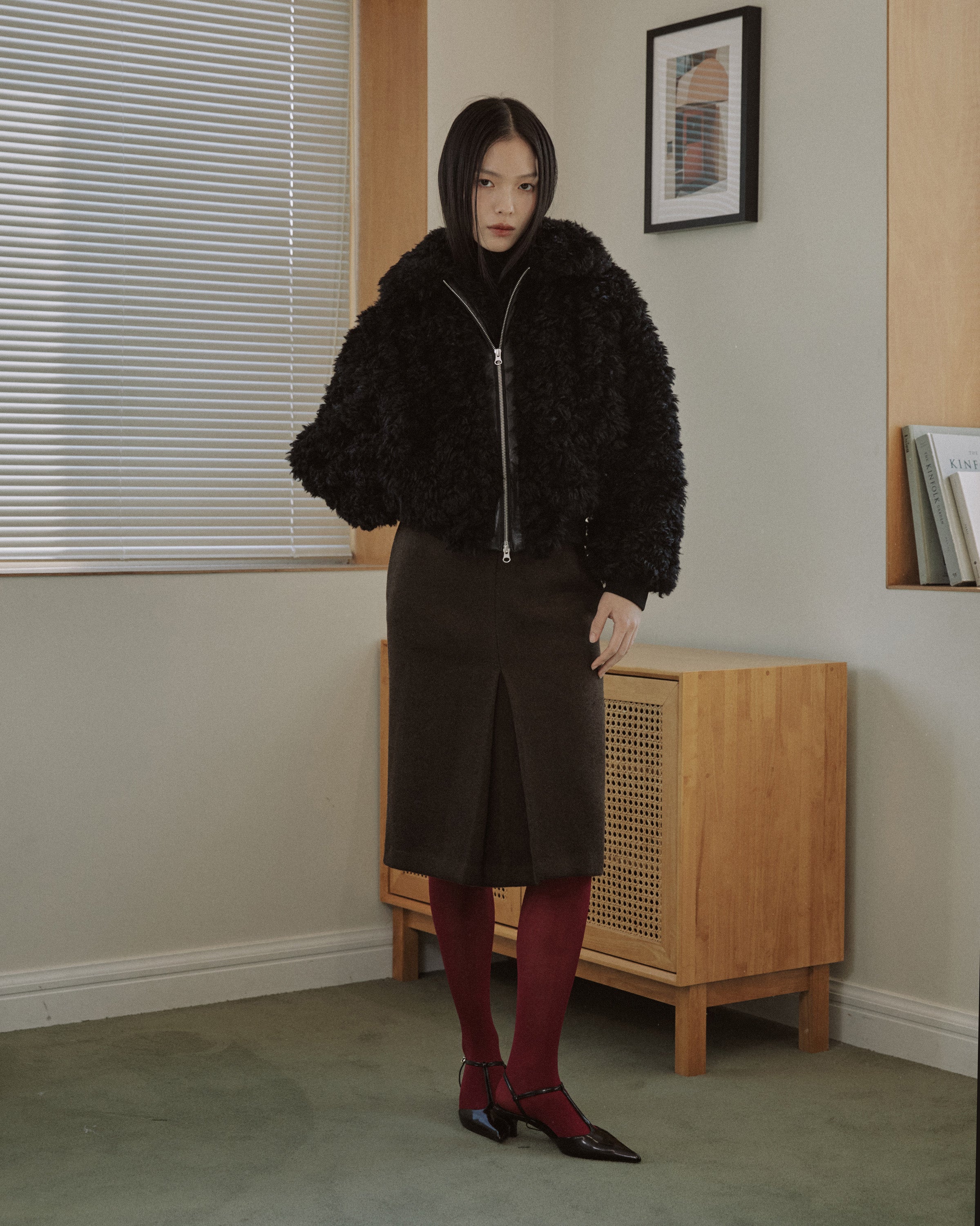 WOOL BLEND FRONT TUCK SLIM SKIRT_BROWN