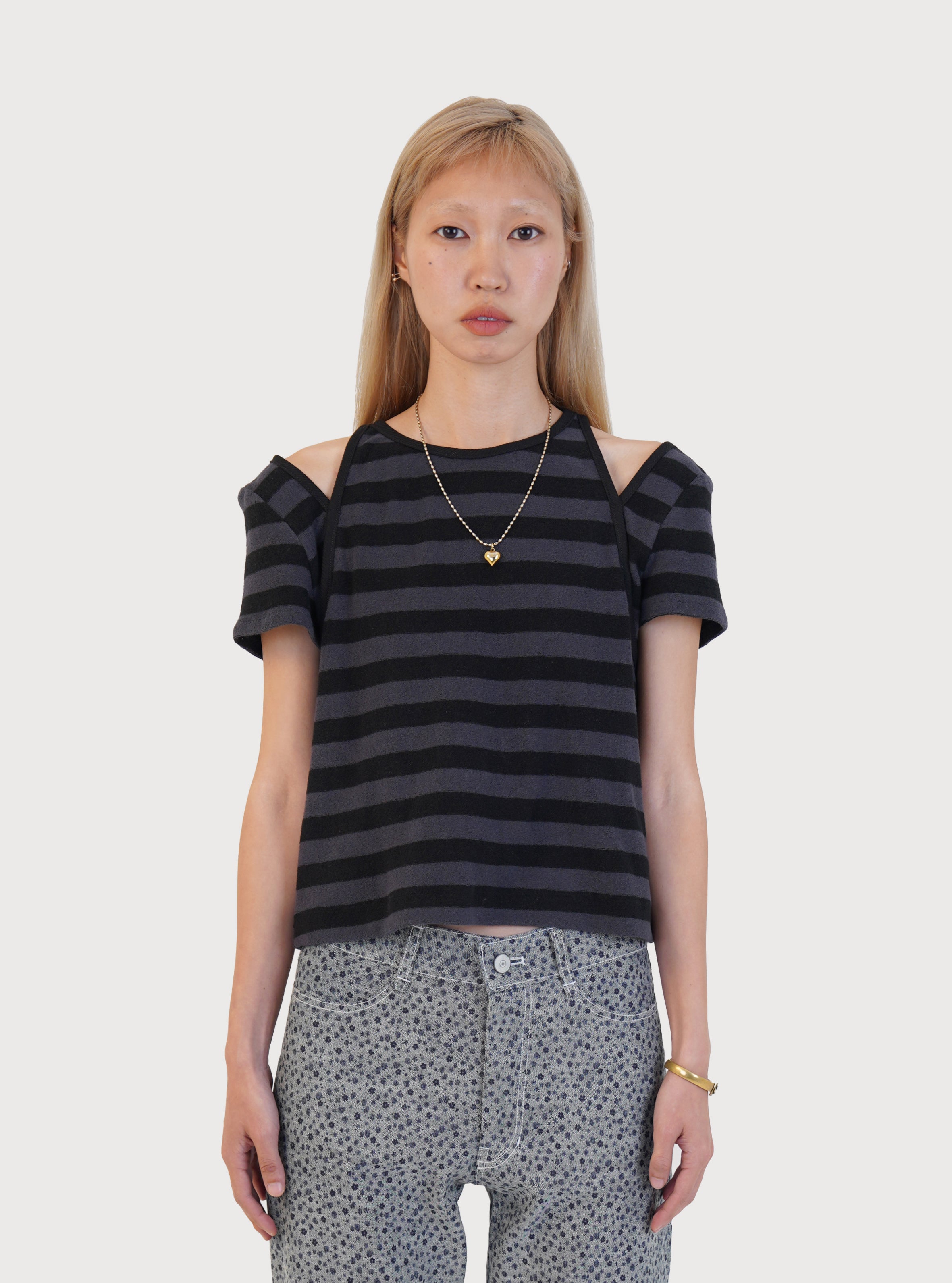 STRIPE TERRY SLIT TOP_BLACK