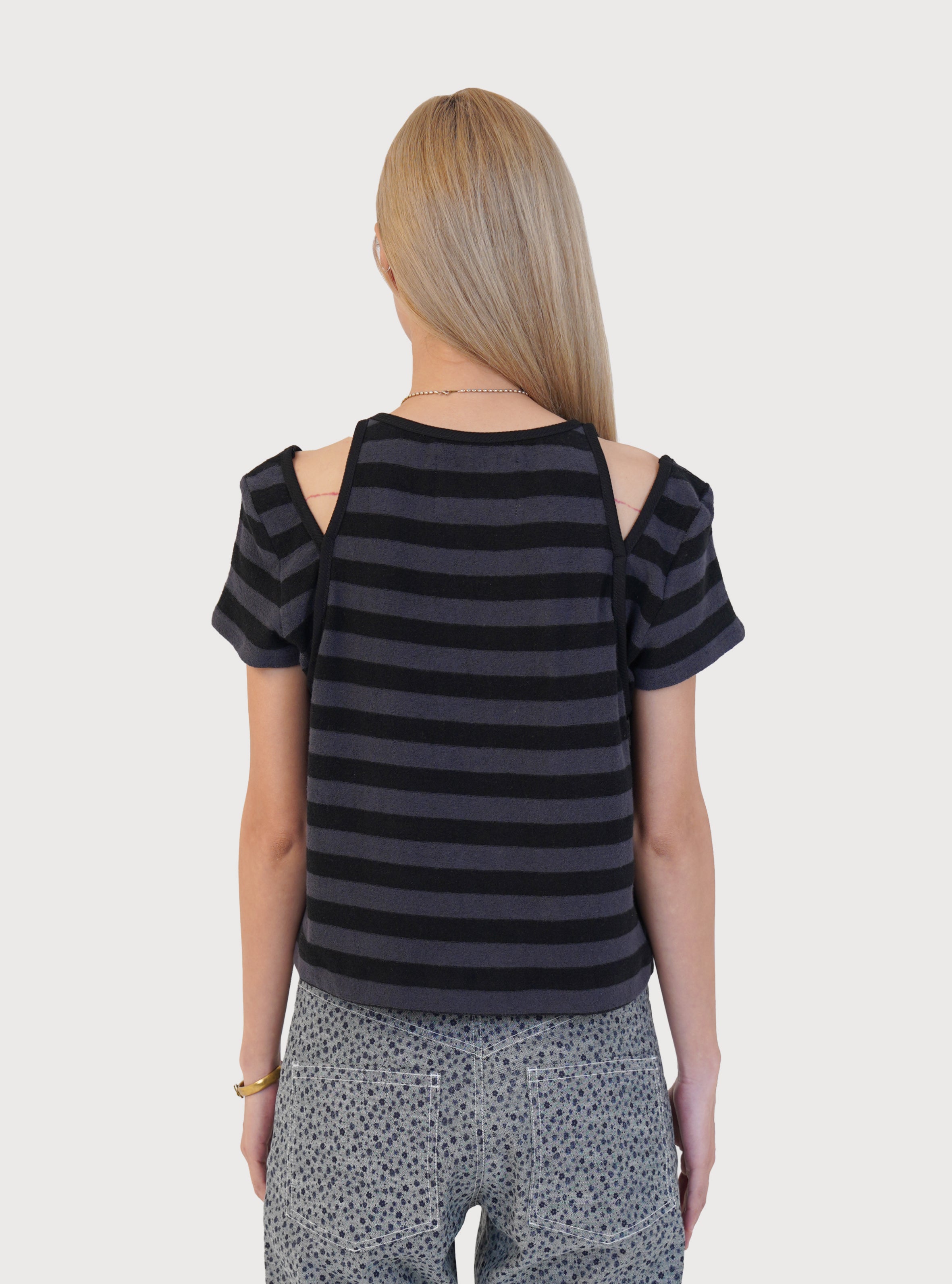 STRIPE TERRY SLIT TOP_BLACK