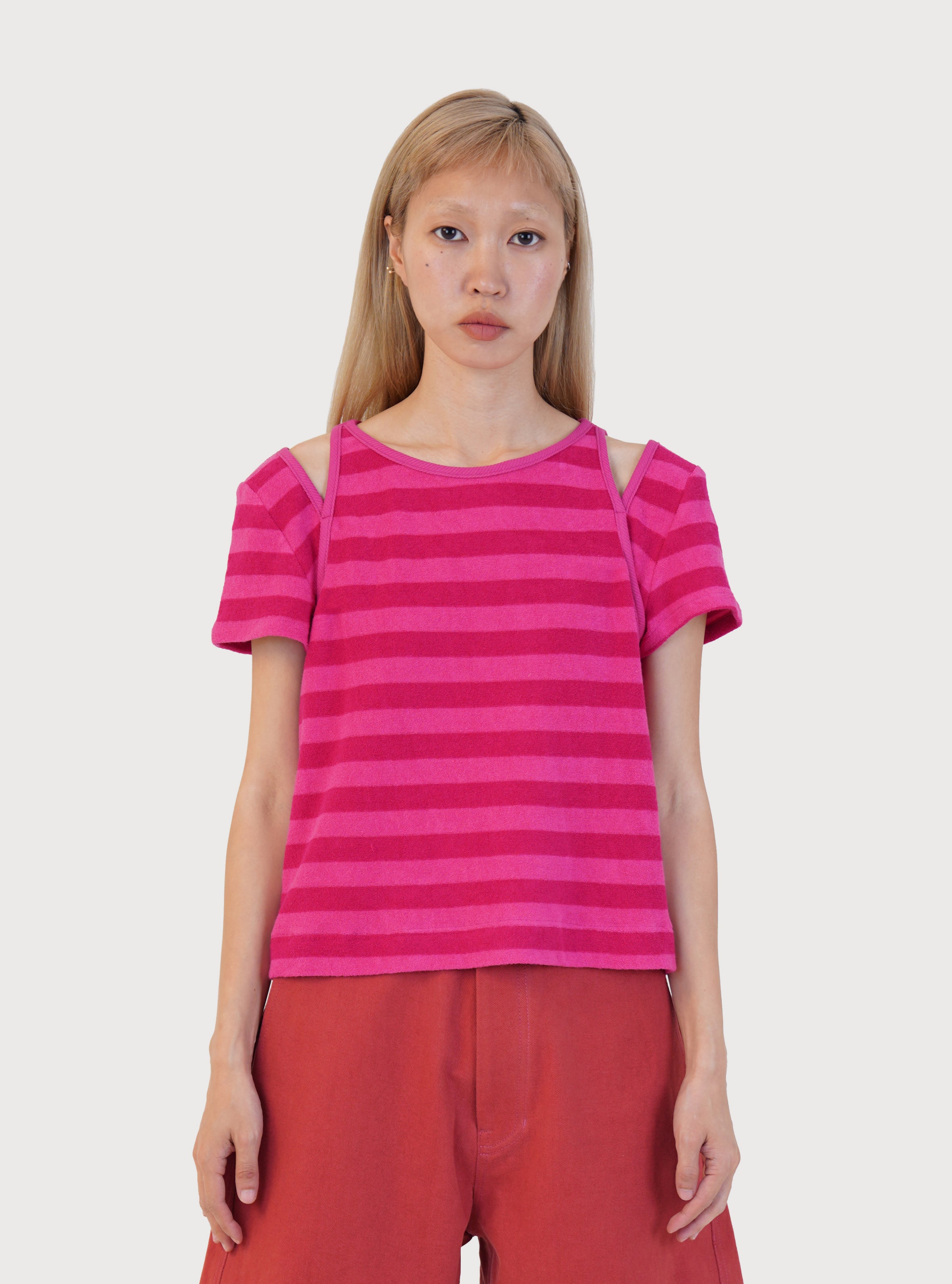 STRIPE TERRY SLIT TOP_PINK