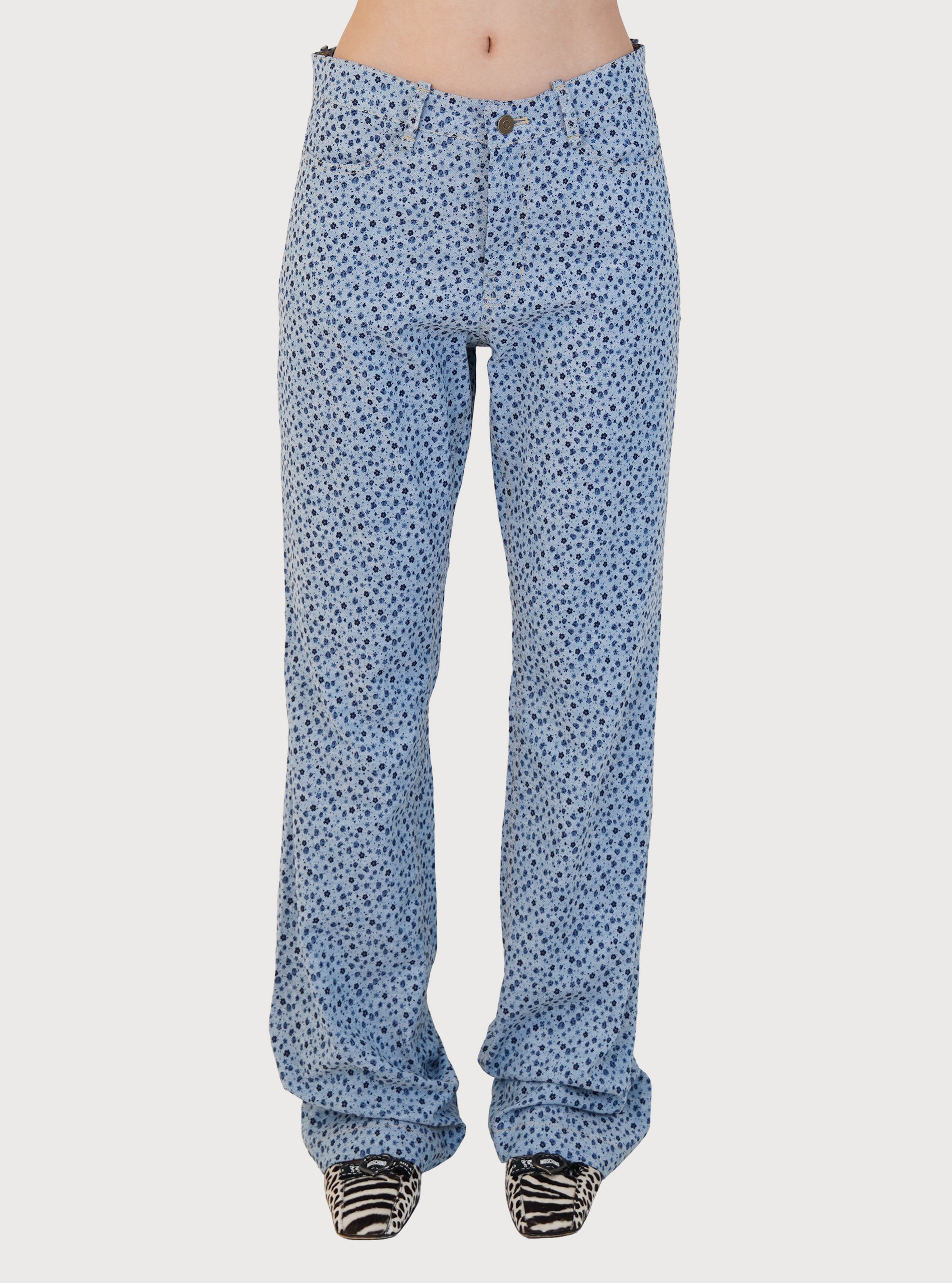 AKOL, PANTALON VINTAGE EN COTON IMPRIMÉ FLORAL_BLEU