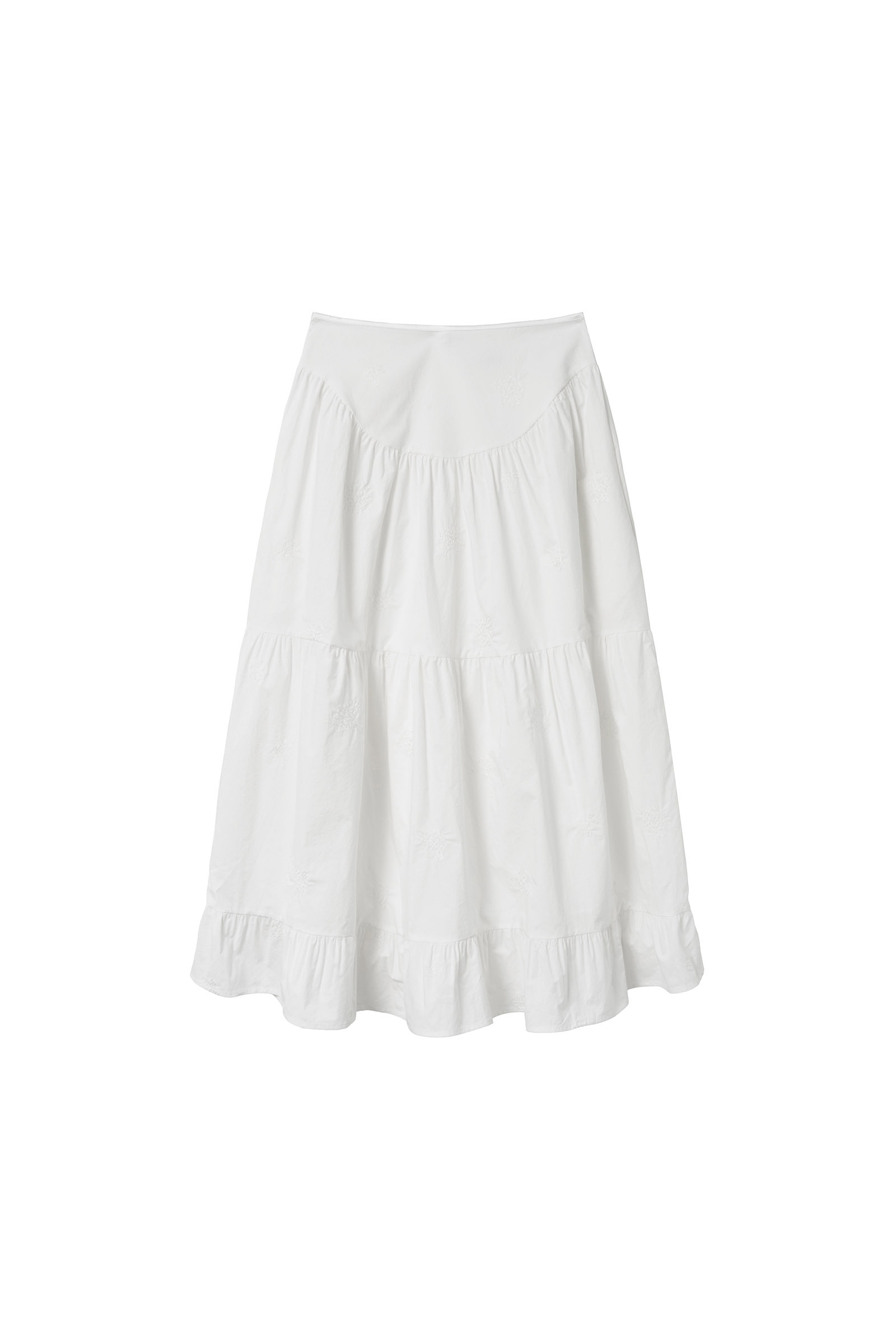 EMBROIDERED SHIRRED TIERED MAXI SKIRT_WHITE