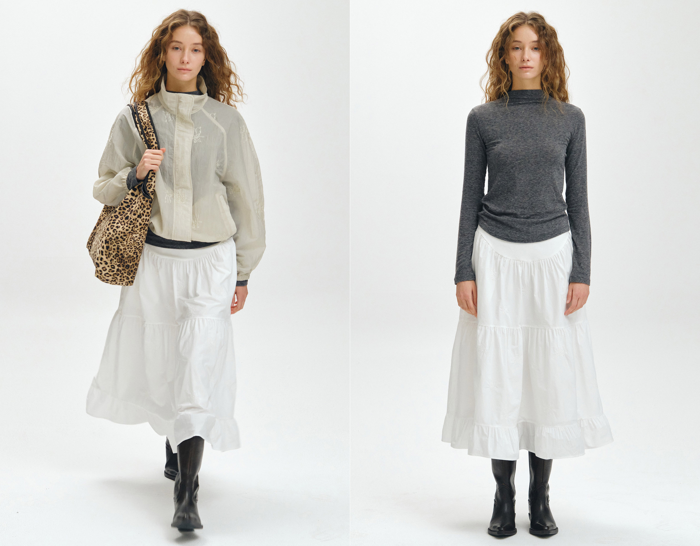 EMBROIDERED SHIRRED TIERED MAXI SKIRT_WHITE style guide image